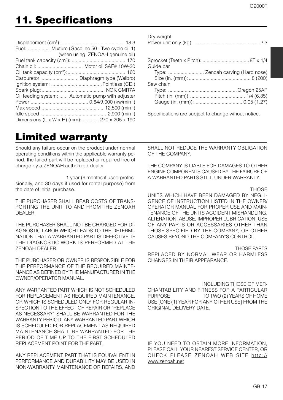 Specifications, Limited warranty | Zenoah G2000T User Manual | Page 17 / 17