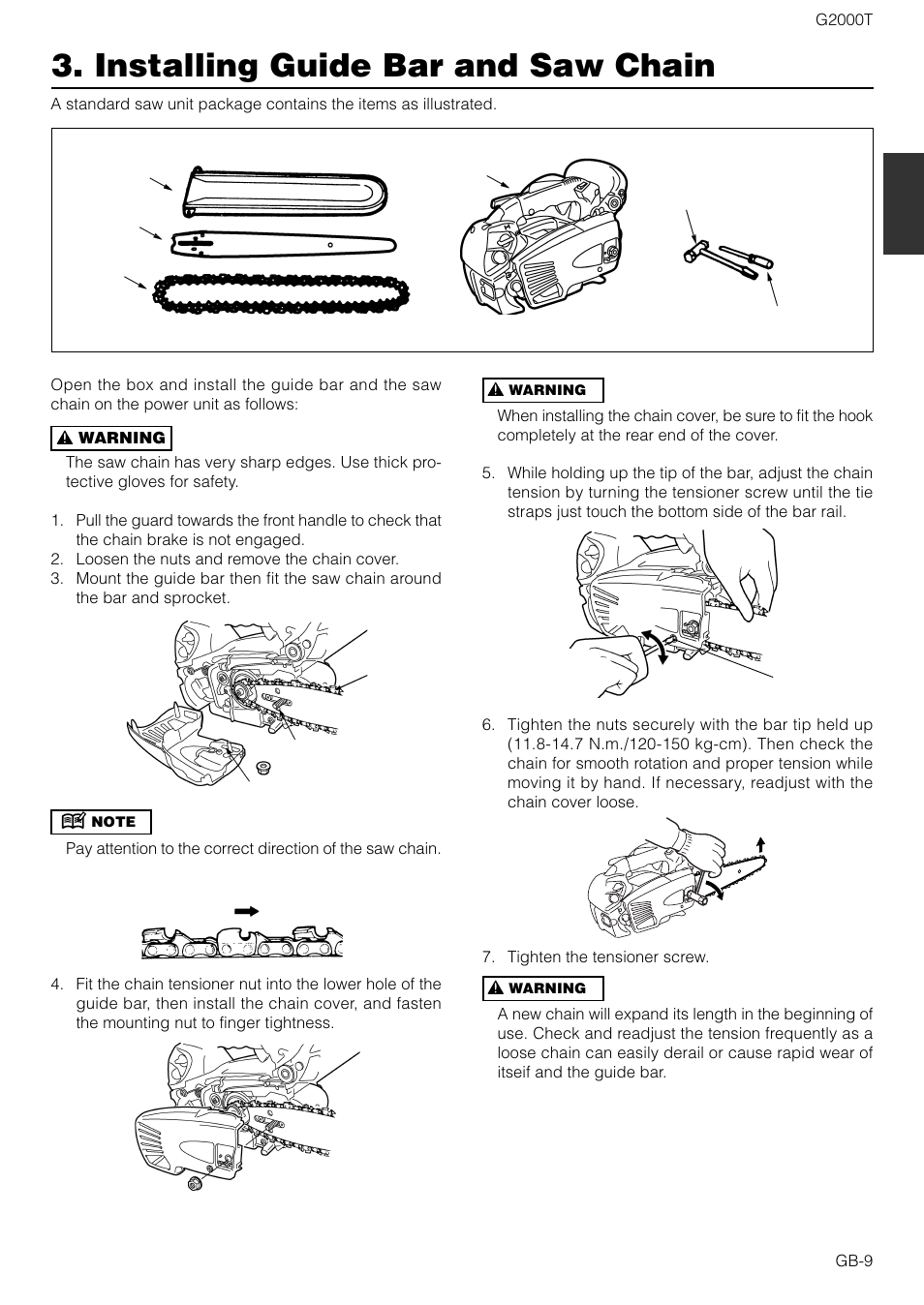 Installing guide bar and saw chain | Zenoah G2000T User Manual | Page 9 / 17