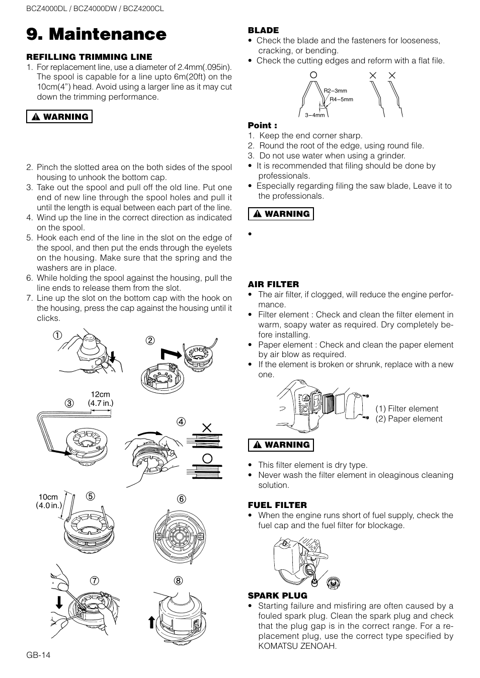 Maintenance | Zenoah BCZ4200CL User Manual | Page 14 / 16