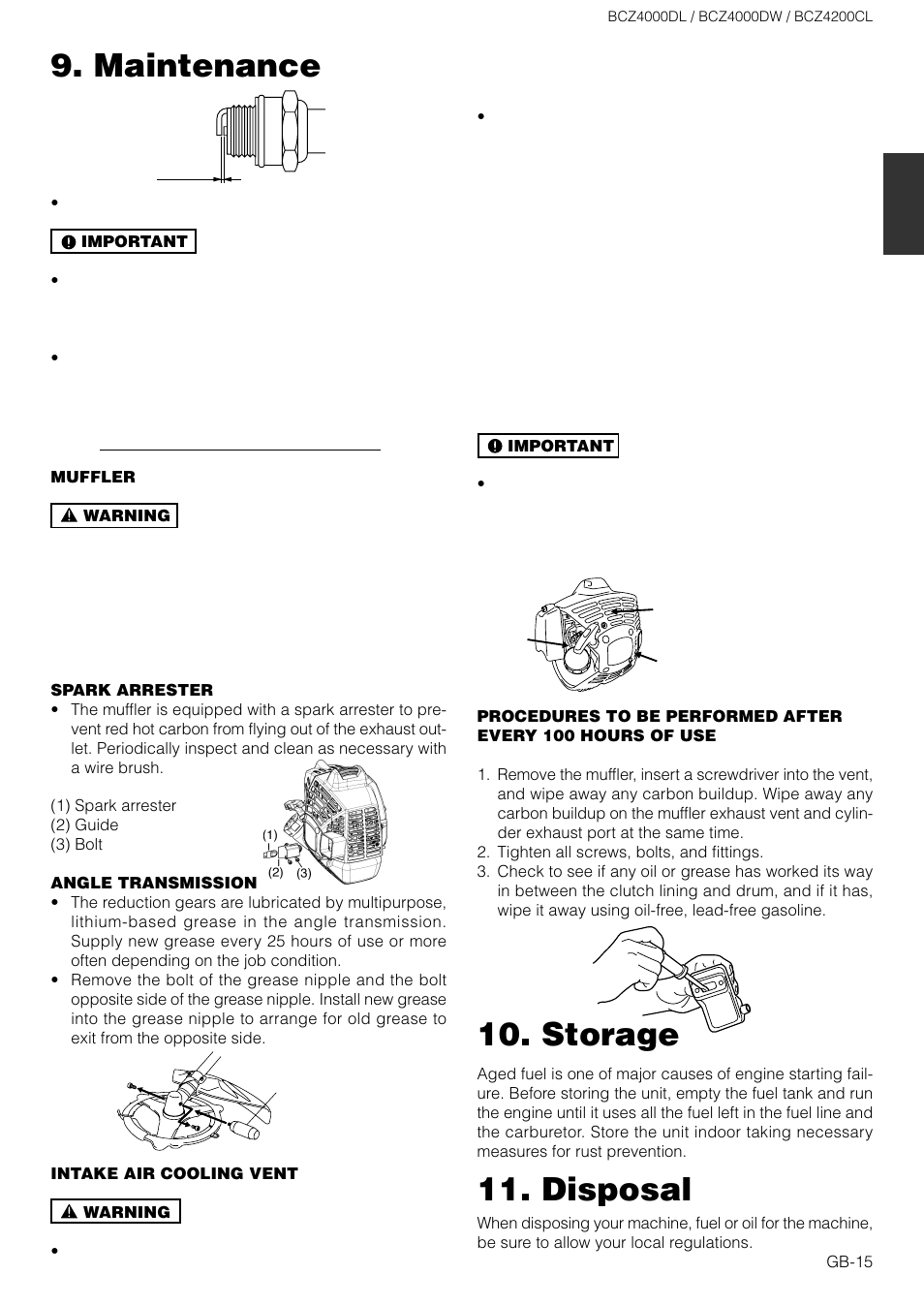 Storage, Maintenance, Disposal | Zenoah BCZ4200CL User Manual | Page 15 / 16