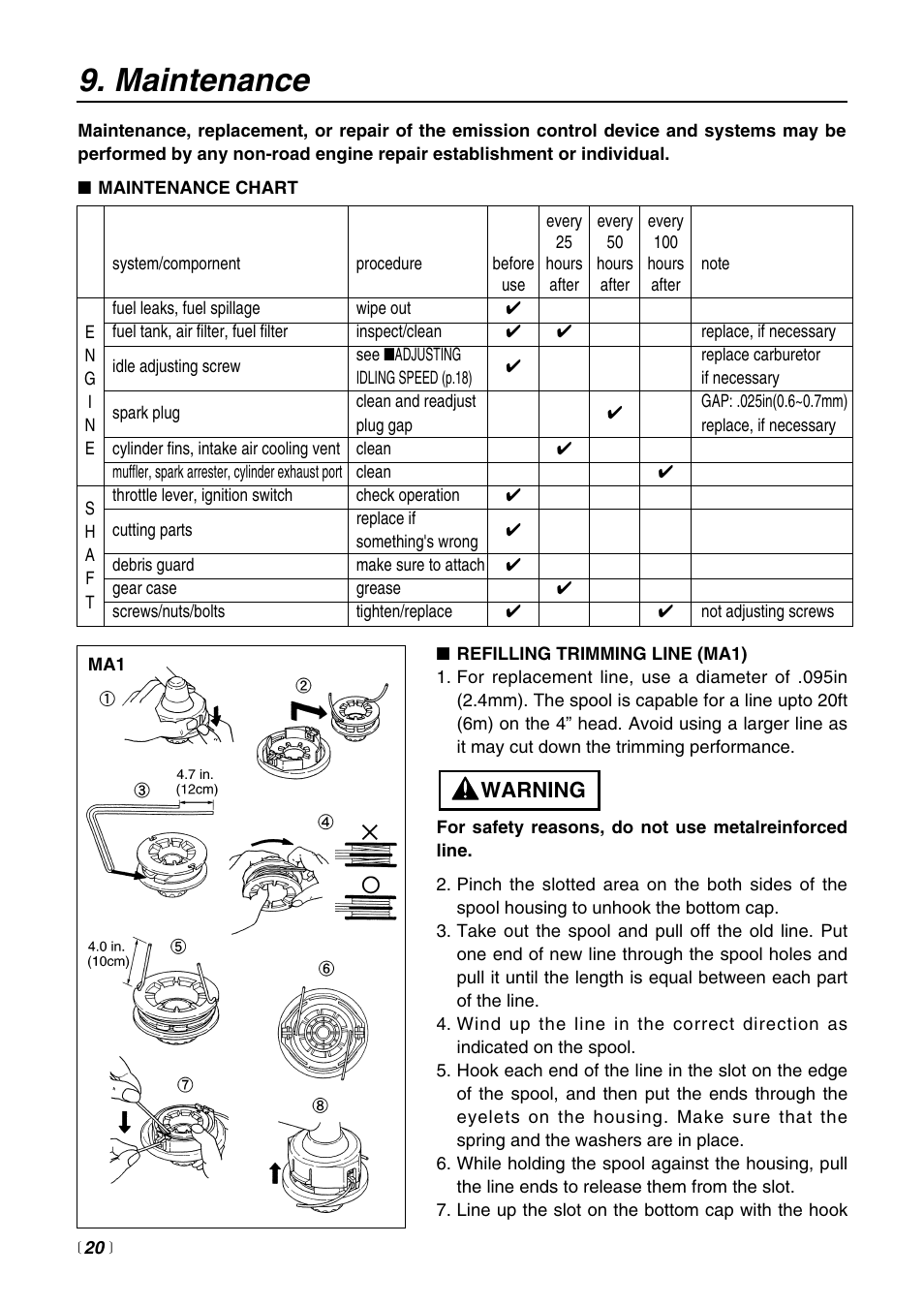 Maintenance, Warning | Zenoah BCZ2600SU User Manual | Page 20 / 40