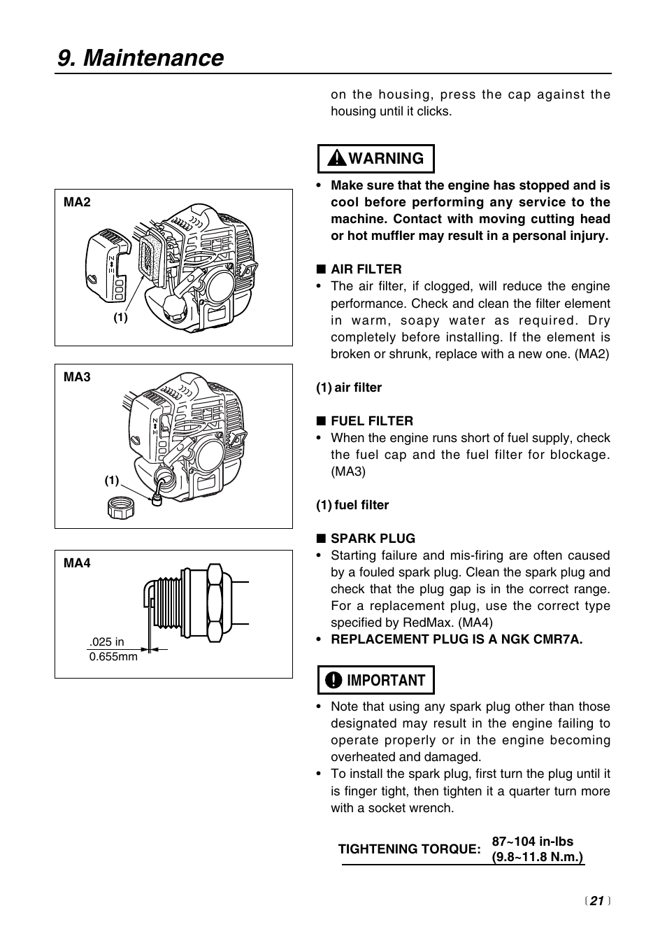 Maintenance | Zenoah BCZ2600SU User Manual | Page 21 / 40