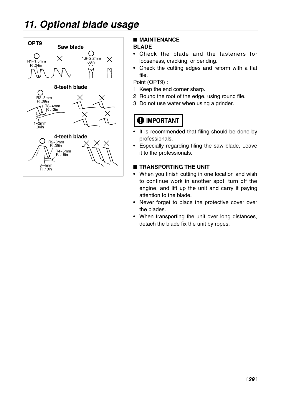 Optional blade usage | Zenoah BCZ2600SU User Manual | Page 29 / 40