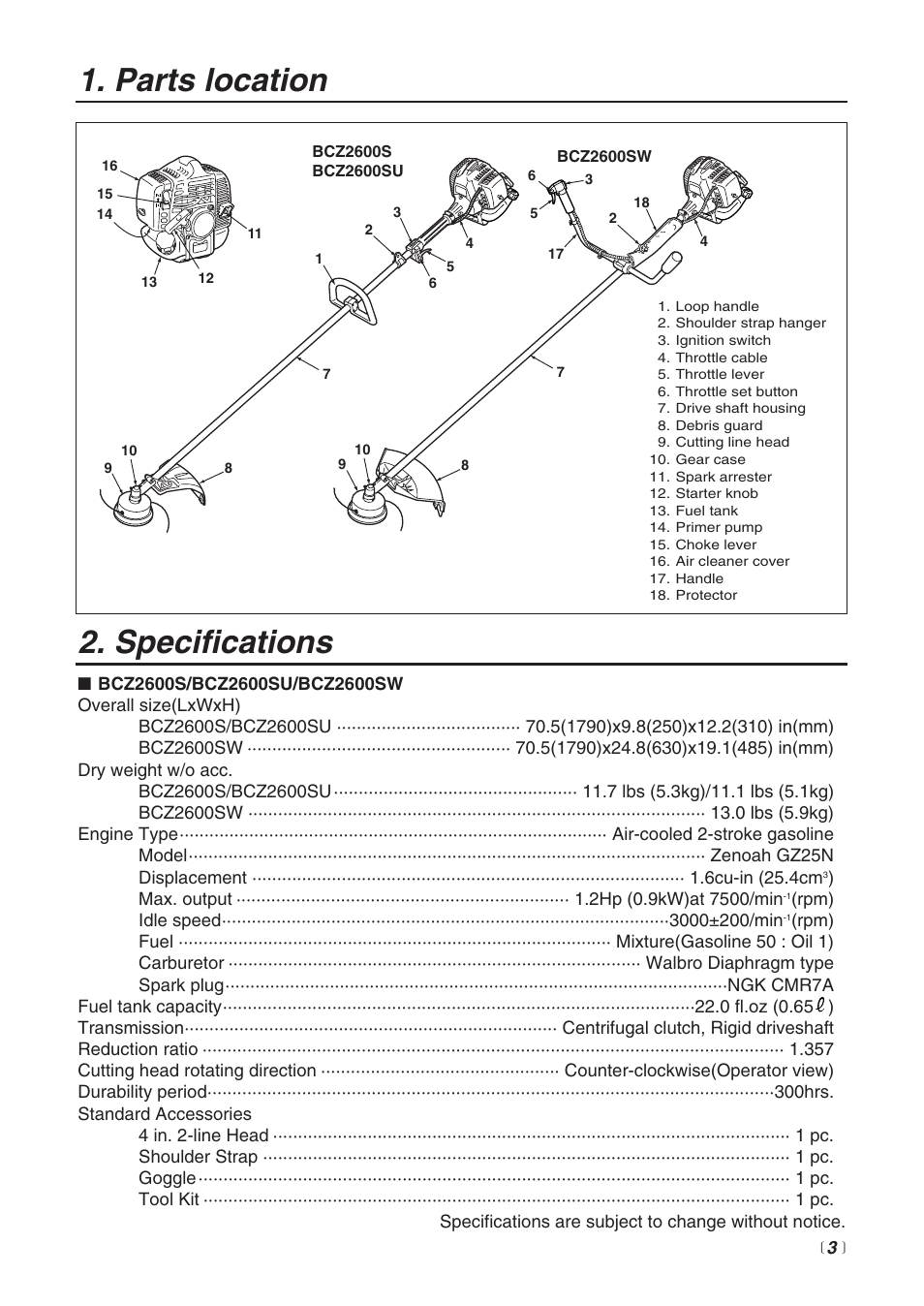 Specifications, Parts location | Zenoah BCZ2600SU User Manual | Page 3 / 40