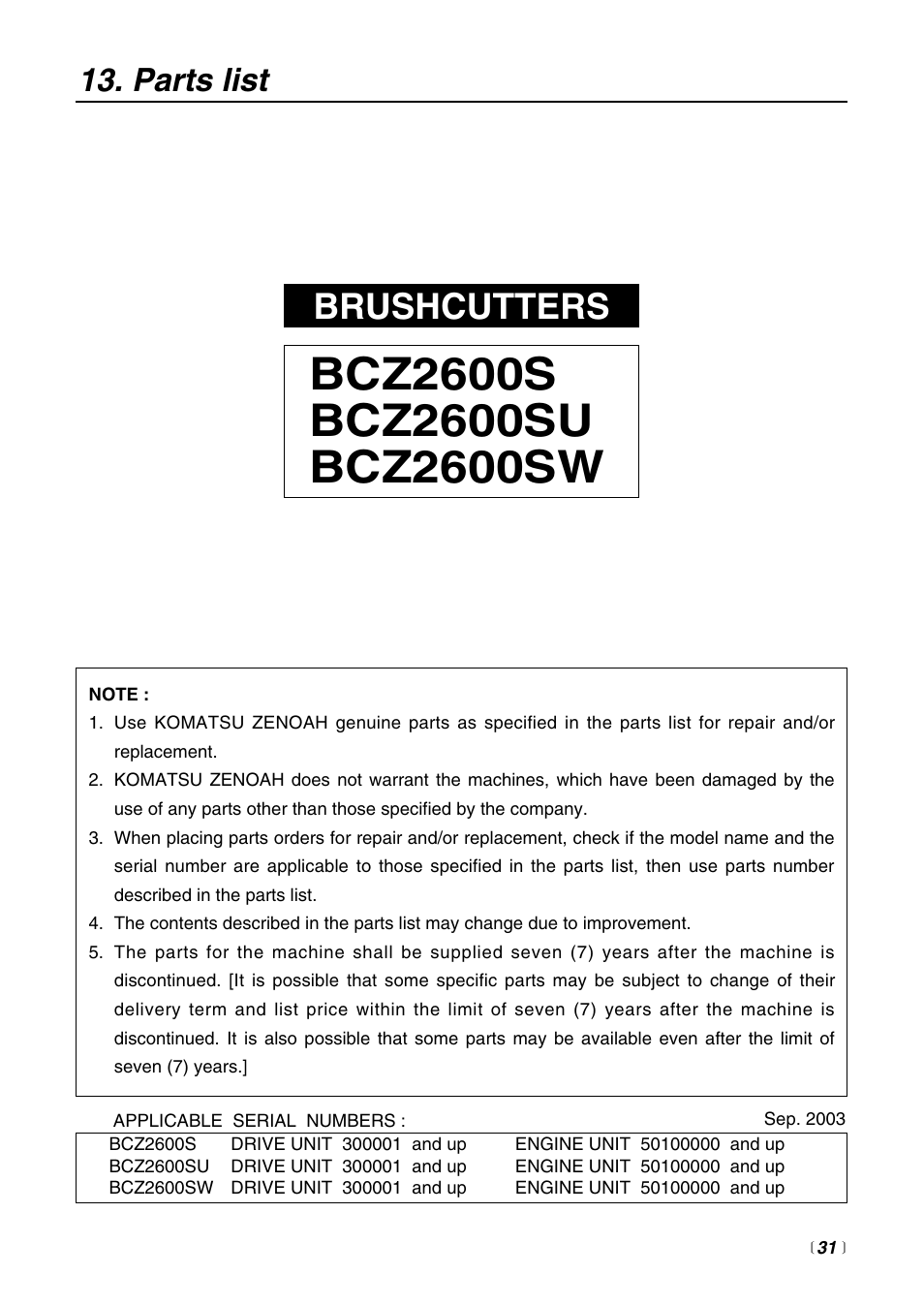 Brushcutters, Parts list | Zenoah BCZ2600SU User Manual | Page 31 / 40