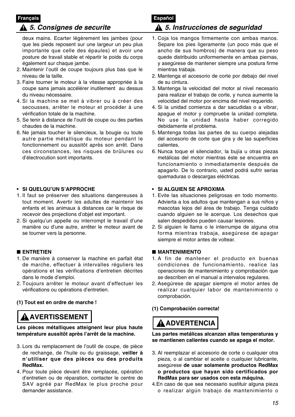 Avertissement | Zenoah BCZ2401S User Manual | Page 15 / 64