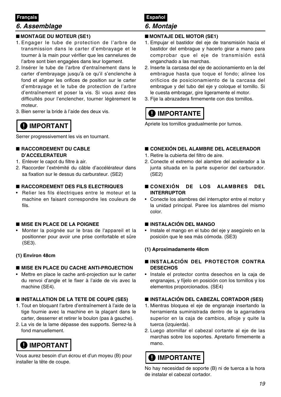 Assemblage 6. montaje, Important, Importante | Zenoah BCZ2401S User Manual | Page 19 / 64