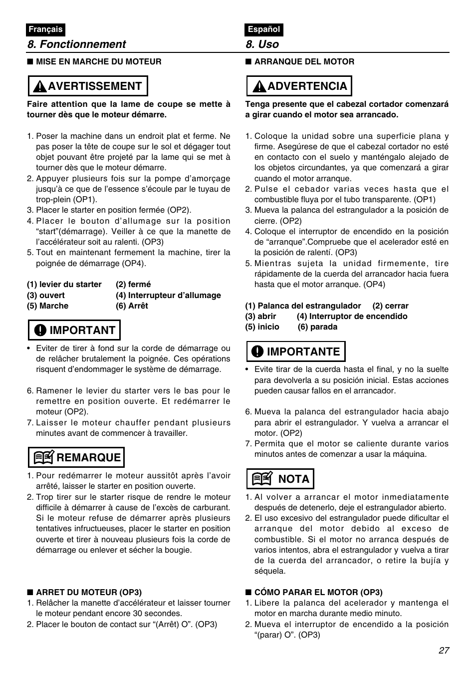 Fonctionnement 8. uso, Remarque important avertissement, Nota importante advertencia | Zenoah BCZ2401S User Manual | Page 27 / 64