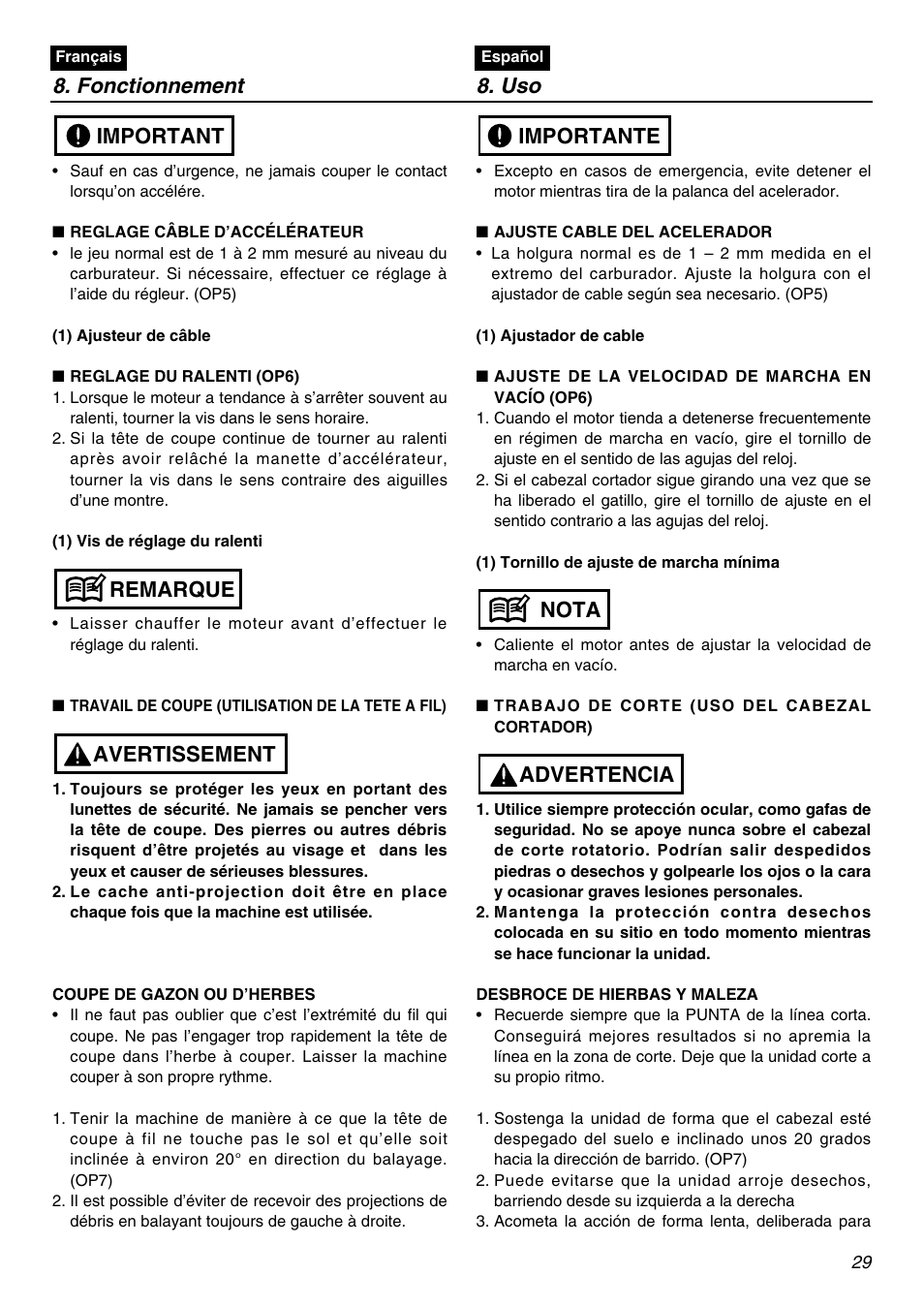 Fonctionnement 8. uso, Avertissement remarque important, Advertencia nota importante | Zenoah BCZ2401S User Manual | Page 29 / 64