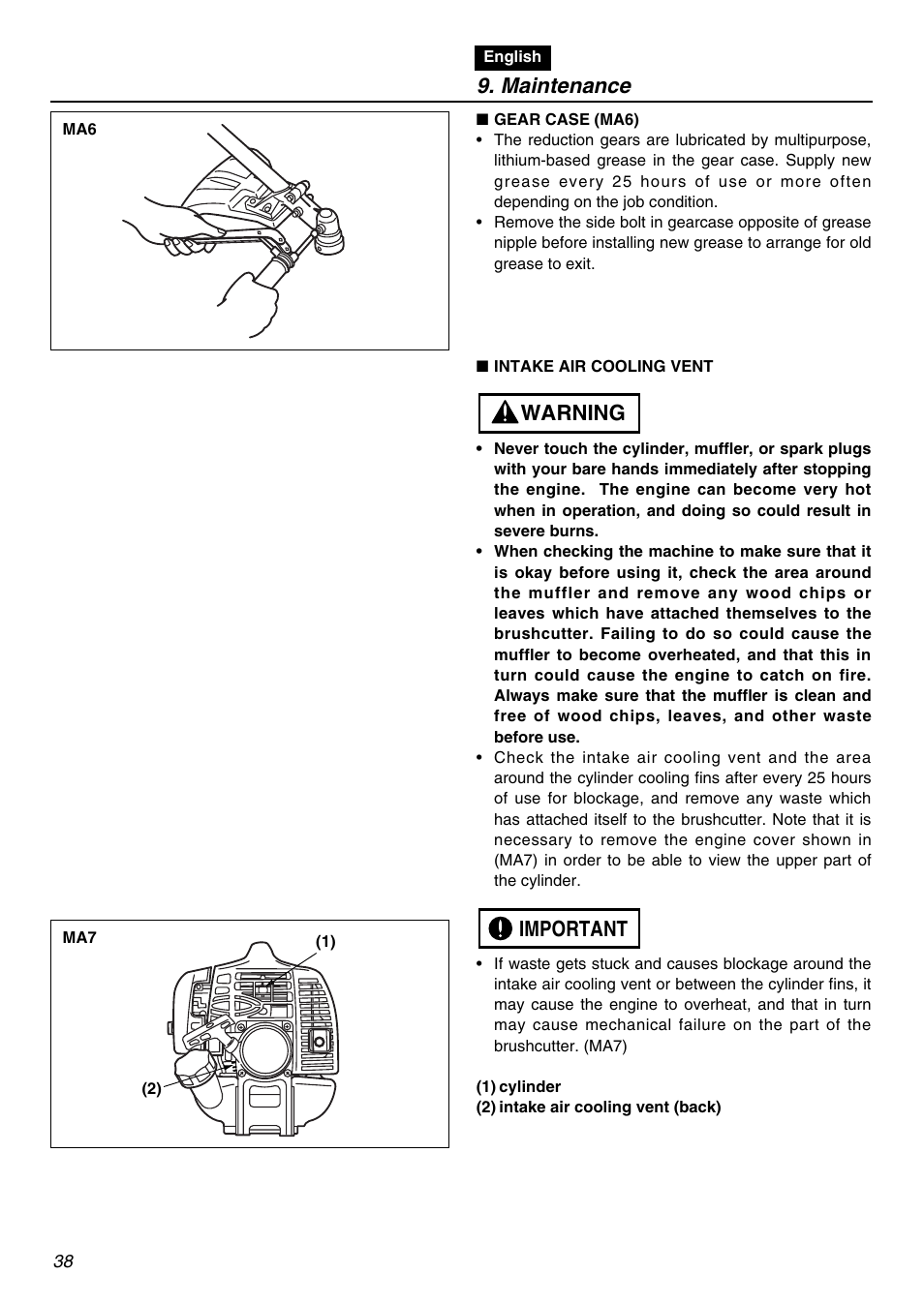 Maintenance, Important warning | Zenoah BCZ2401S User Manual | Page 38 / 64