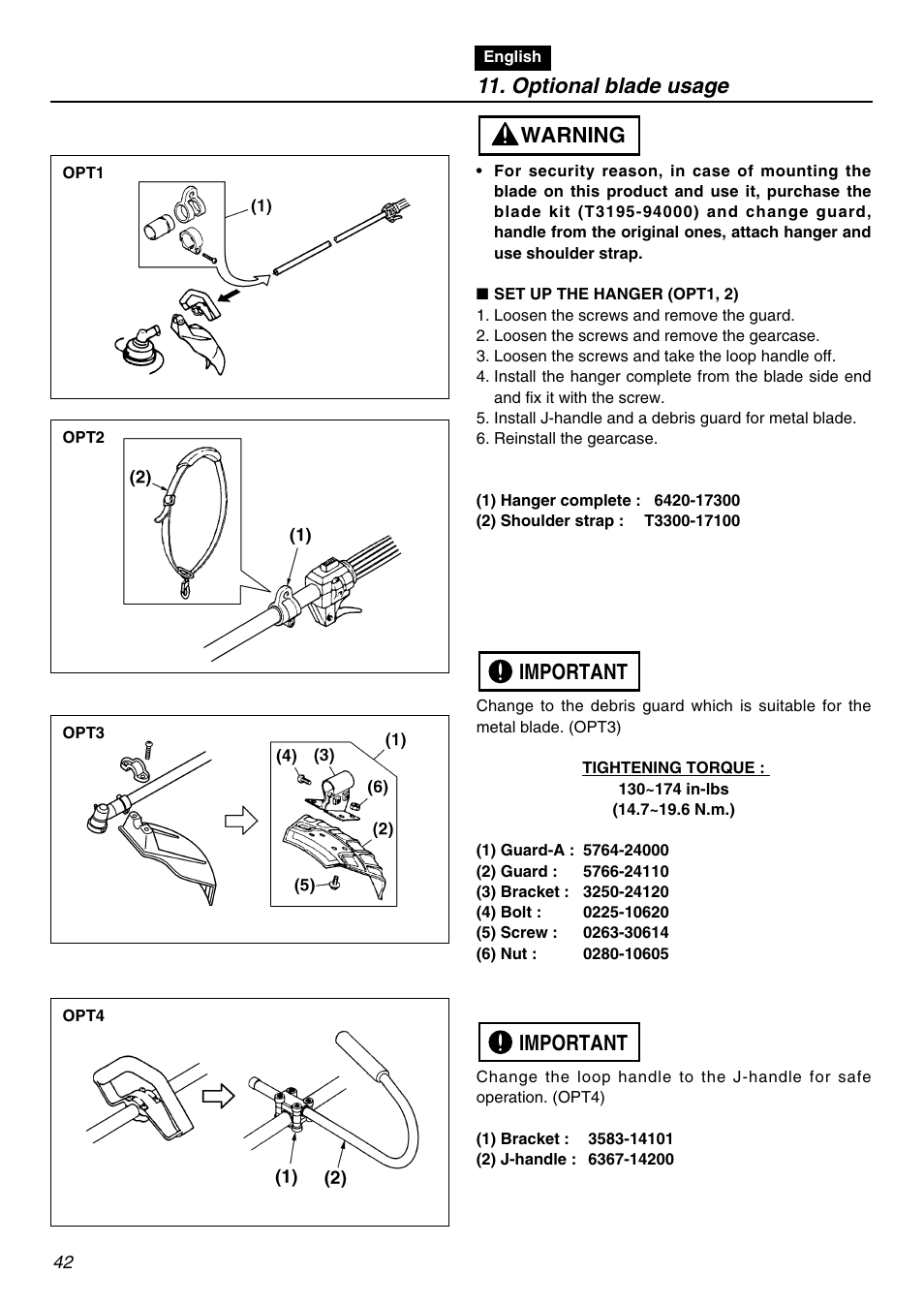 Optional blade usage, Important, Important warning | Zenoah BCZ2401S User Manual | Page 42 / 64