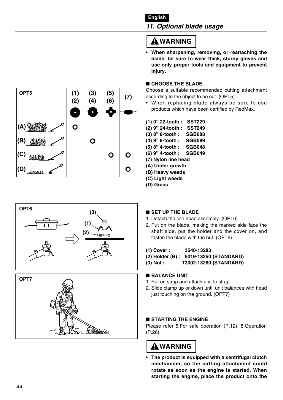 Warning, Optional blade usage | Zenoah BCZ2401S User Manual | Page 44 / 64