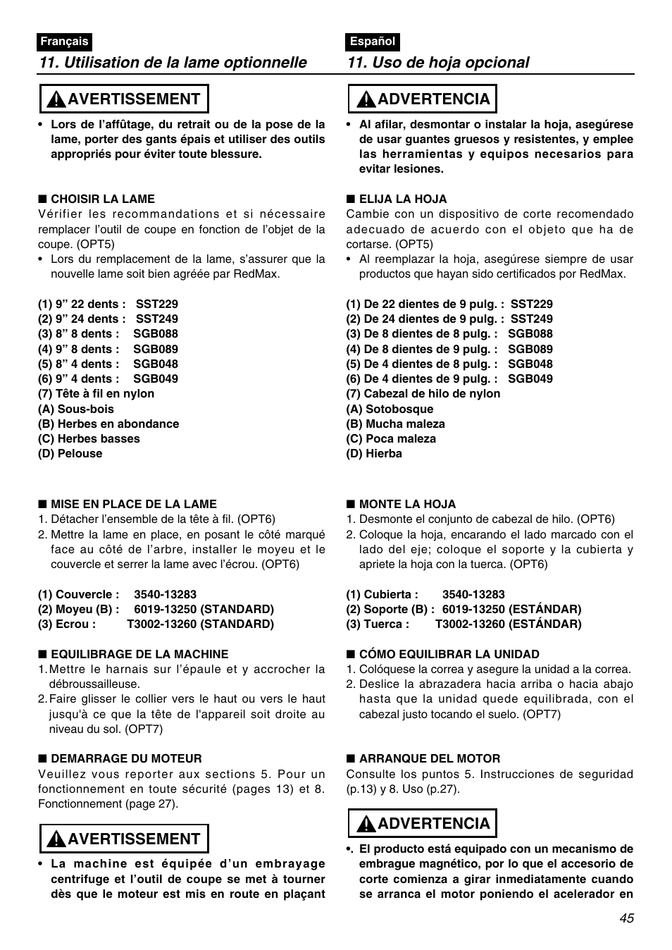 Avertissement, Advertencia | Zenoah BCZ2401S User Manual | Page 45 / 64