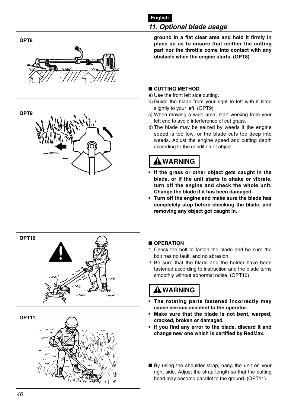 Optional blade usage, Warning | Zenoah BCZ2401S User Manual | Page 46 / 64