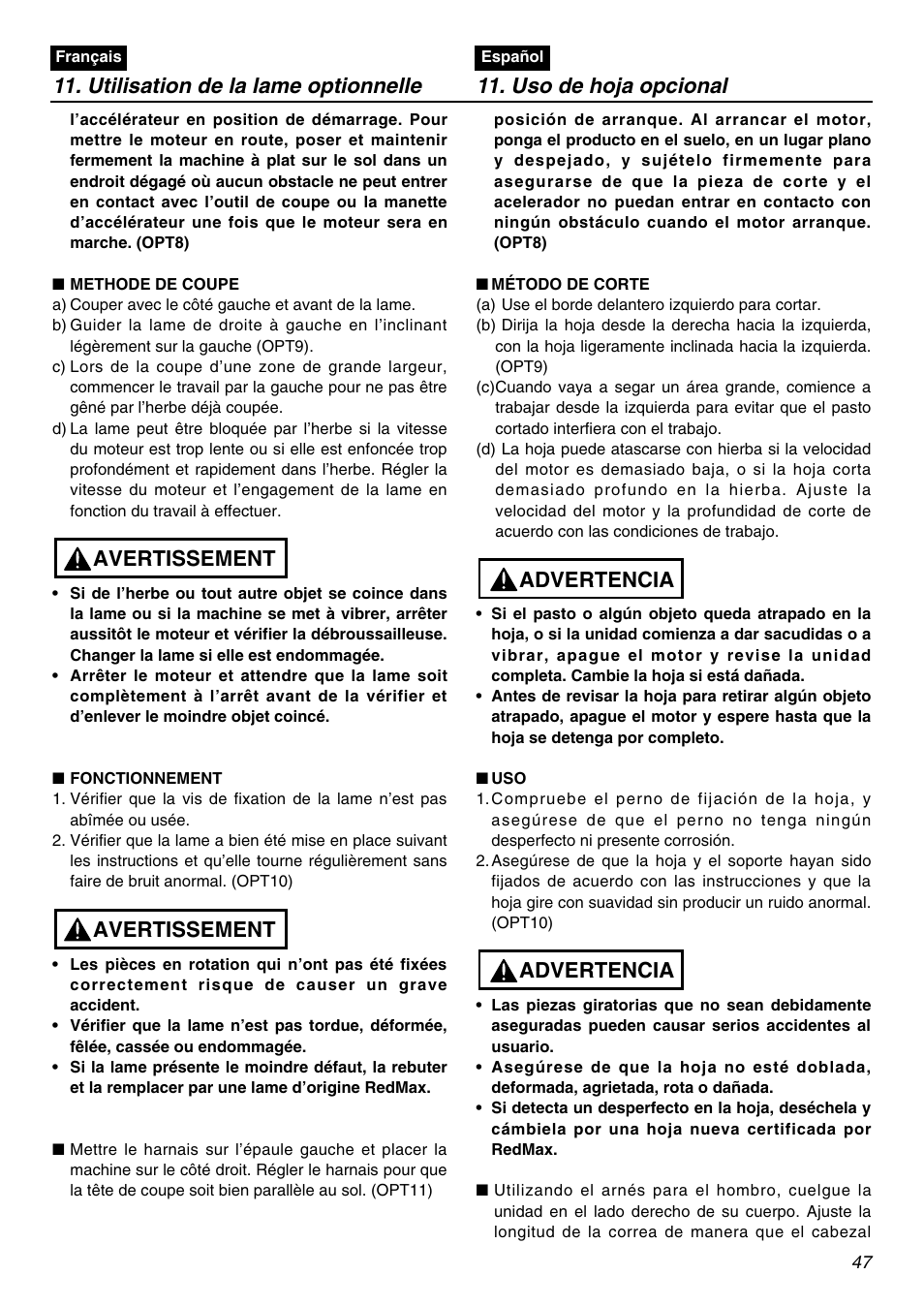 Avertissement, Advertencia | Zenoah BCZ2401S User Manual | Page 47 / 64