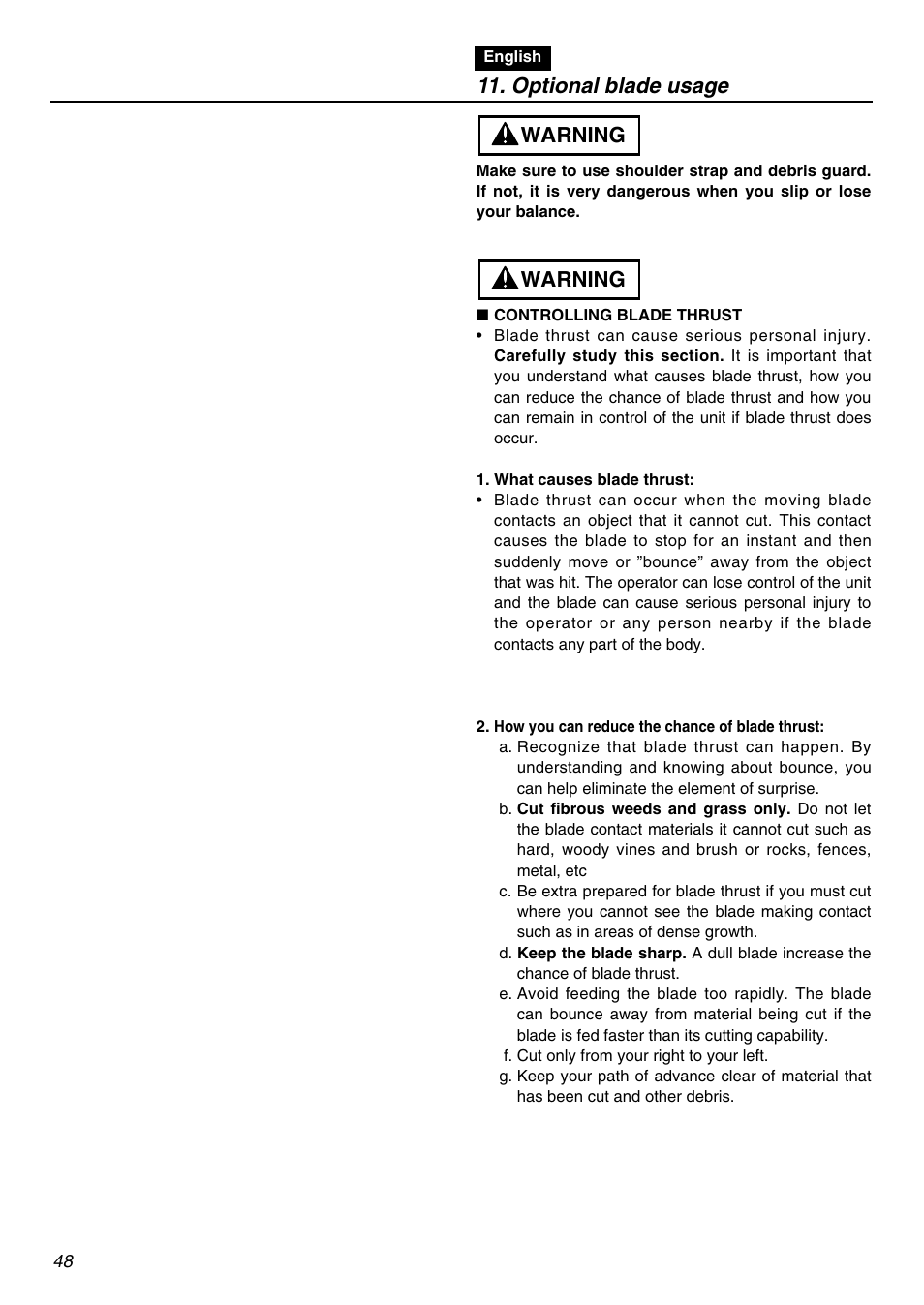 Optional blade usage, Warning | Zenoah BCZ2401S User Manual | Page 48 / 64