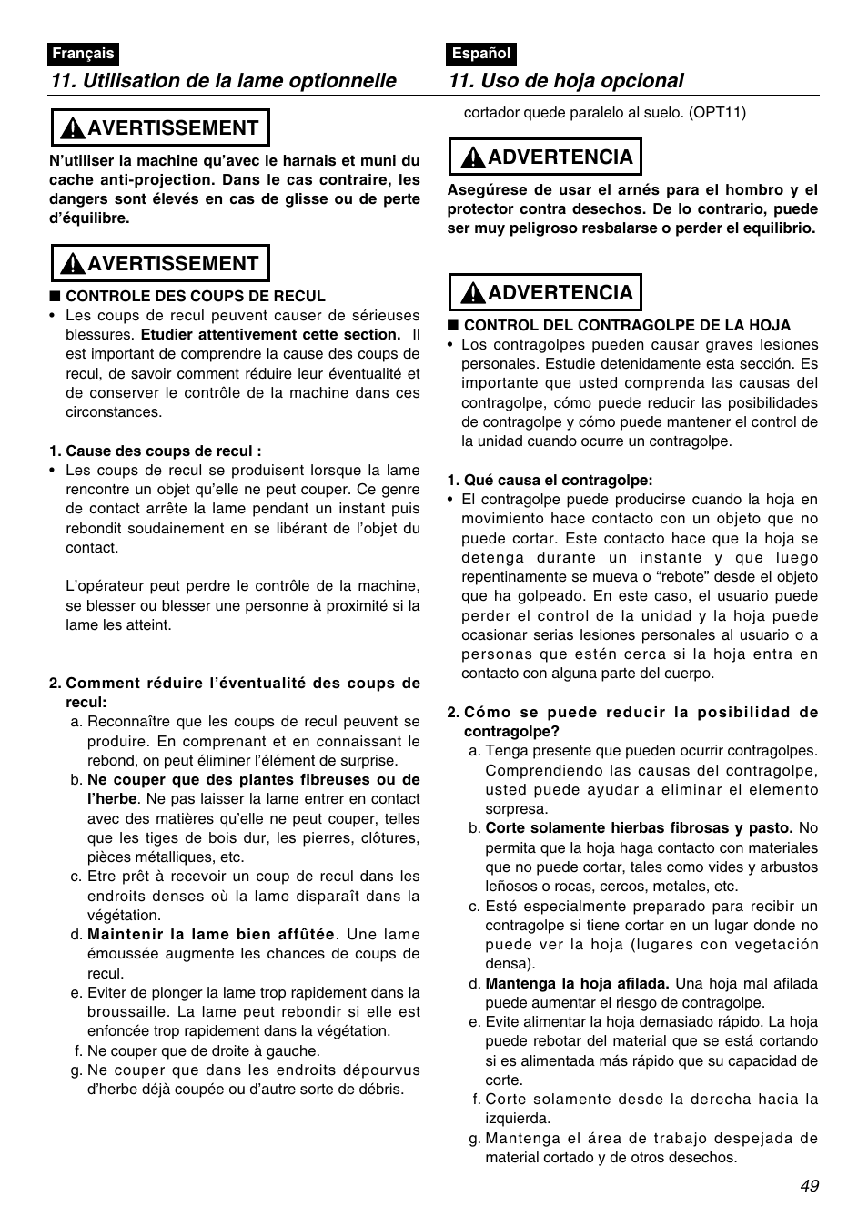 Avertissement, Advertencia | Zenoah BCZ2401S User Manual | Page 49 / 64