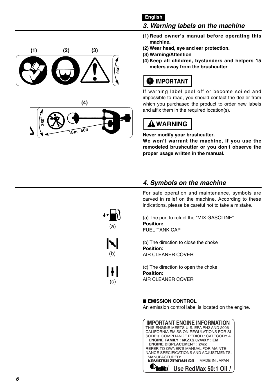 Warning labels on the machine, Warning important 4. symbols on the machine | Zenoah BCZ2401S User Manual | Page 6 / 64