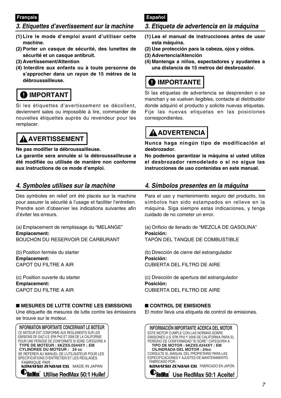 Avertissement important, Advertencia importante | Zenoah BCZ2401S User Manual | Page 7 / 64