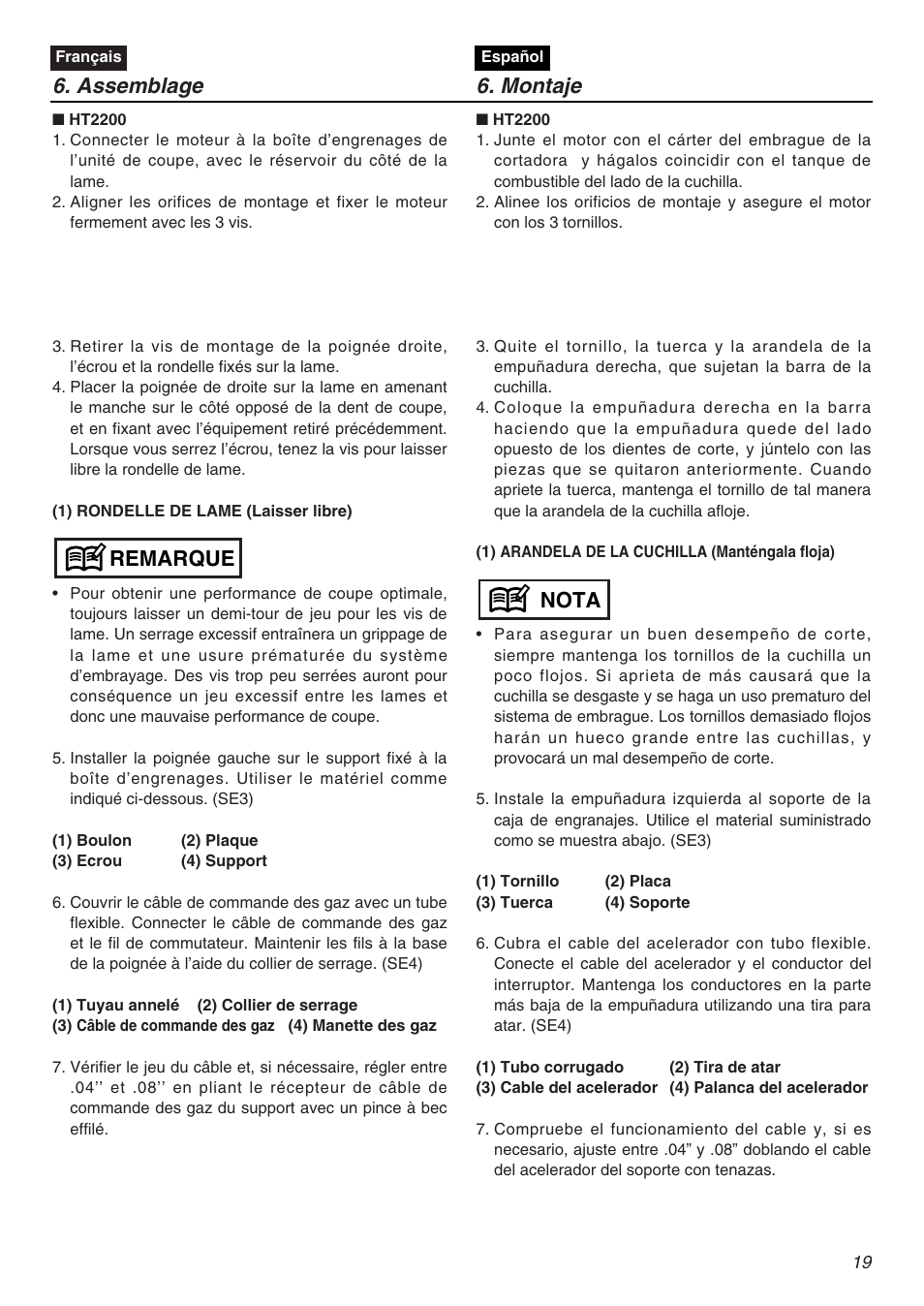 Assemblage 6. montaje, Remarque, Nota | Zenoah HT2200 User Manual | Page 19 / 56