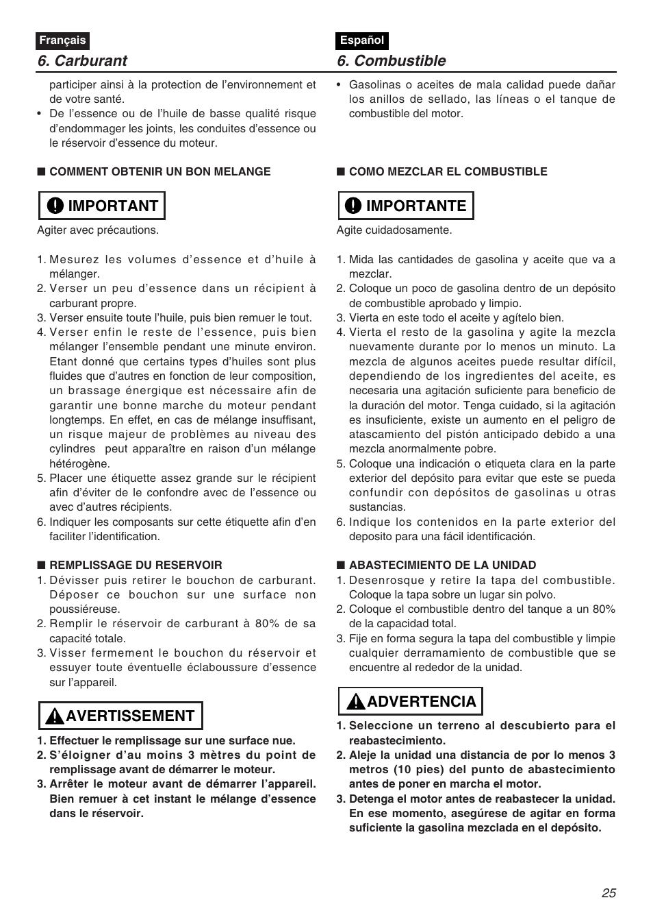 Avertissement important, Advertencia importante 6. carburant 6. combustible | Zenoah HT2200 User Manual | Page 25 / 56