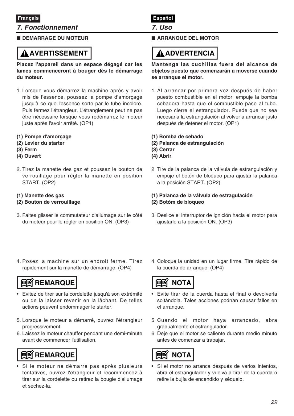 Fonctionnement 7. uso, Remarque, Remarque avertissement | Nota, Nota advertencia | Zenoah HT2200 User Manual | Page 29 / 56