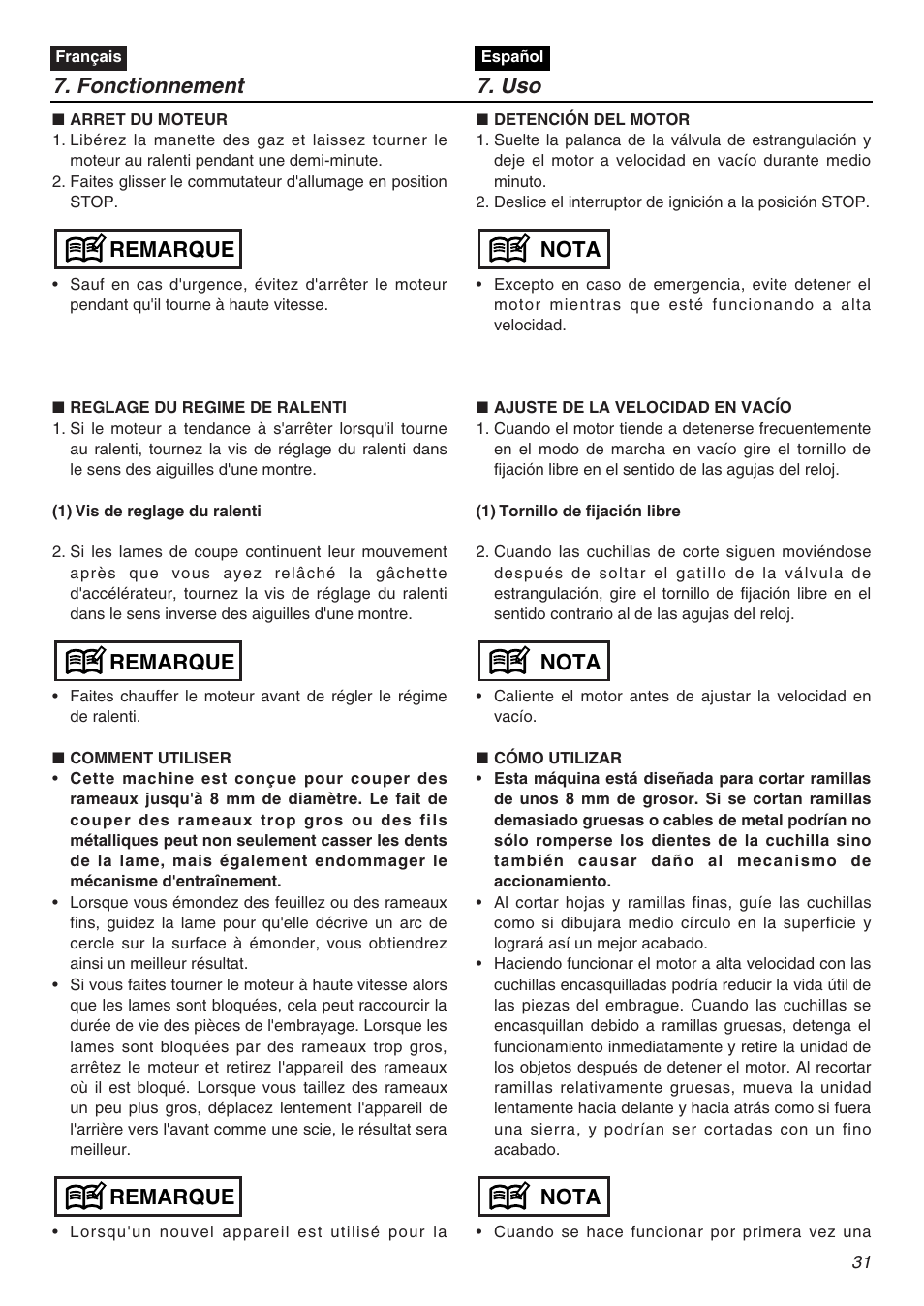 Fonctionnement 7. uso, Remarque, Nota | Zenoah HT2200 User Manual | Page 31 / 56