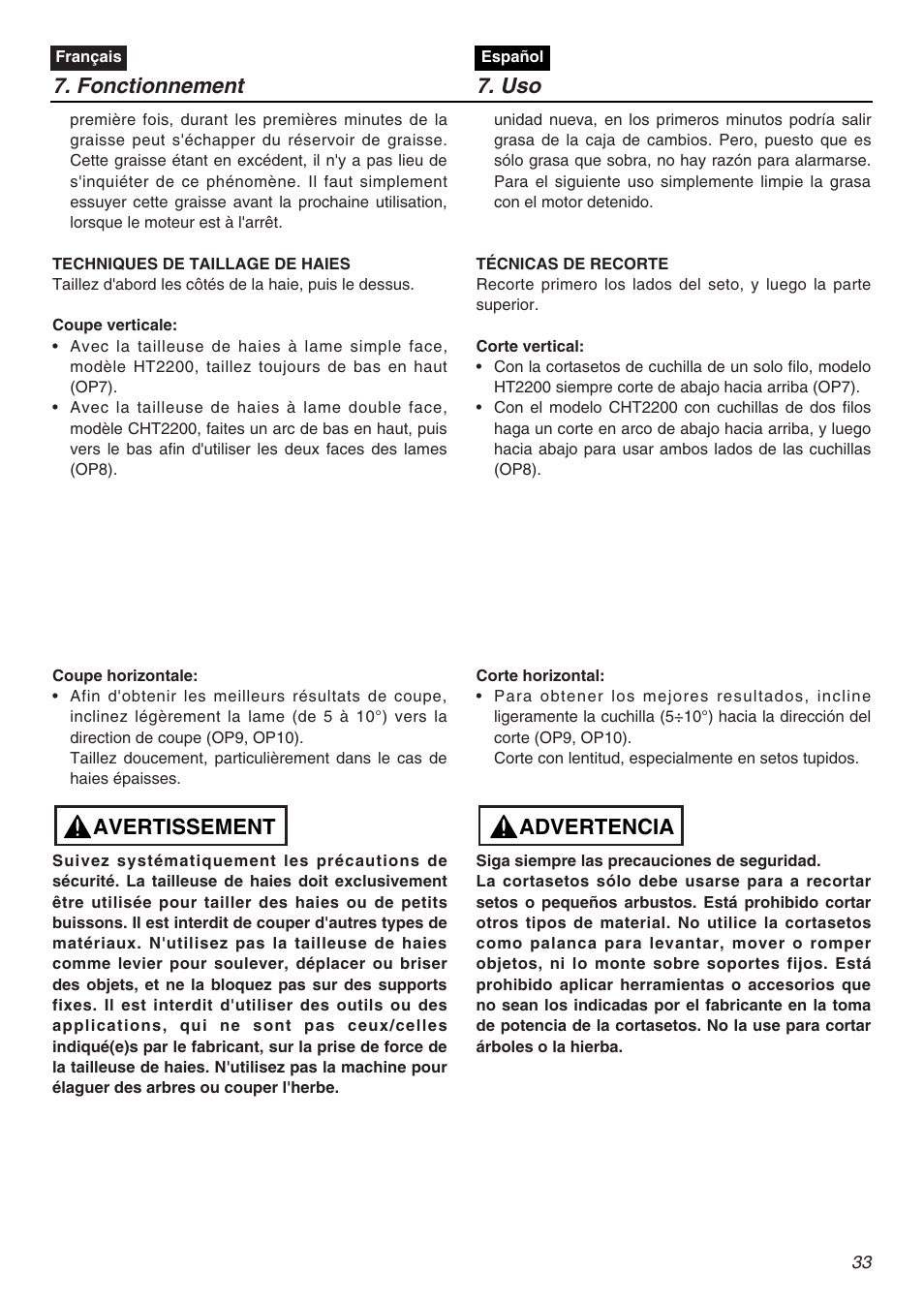 Fonctionnement 7. uso, Advertencia, Avertissement | Zenoah HT2200 User Manual | Page 33 / 56