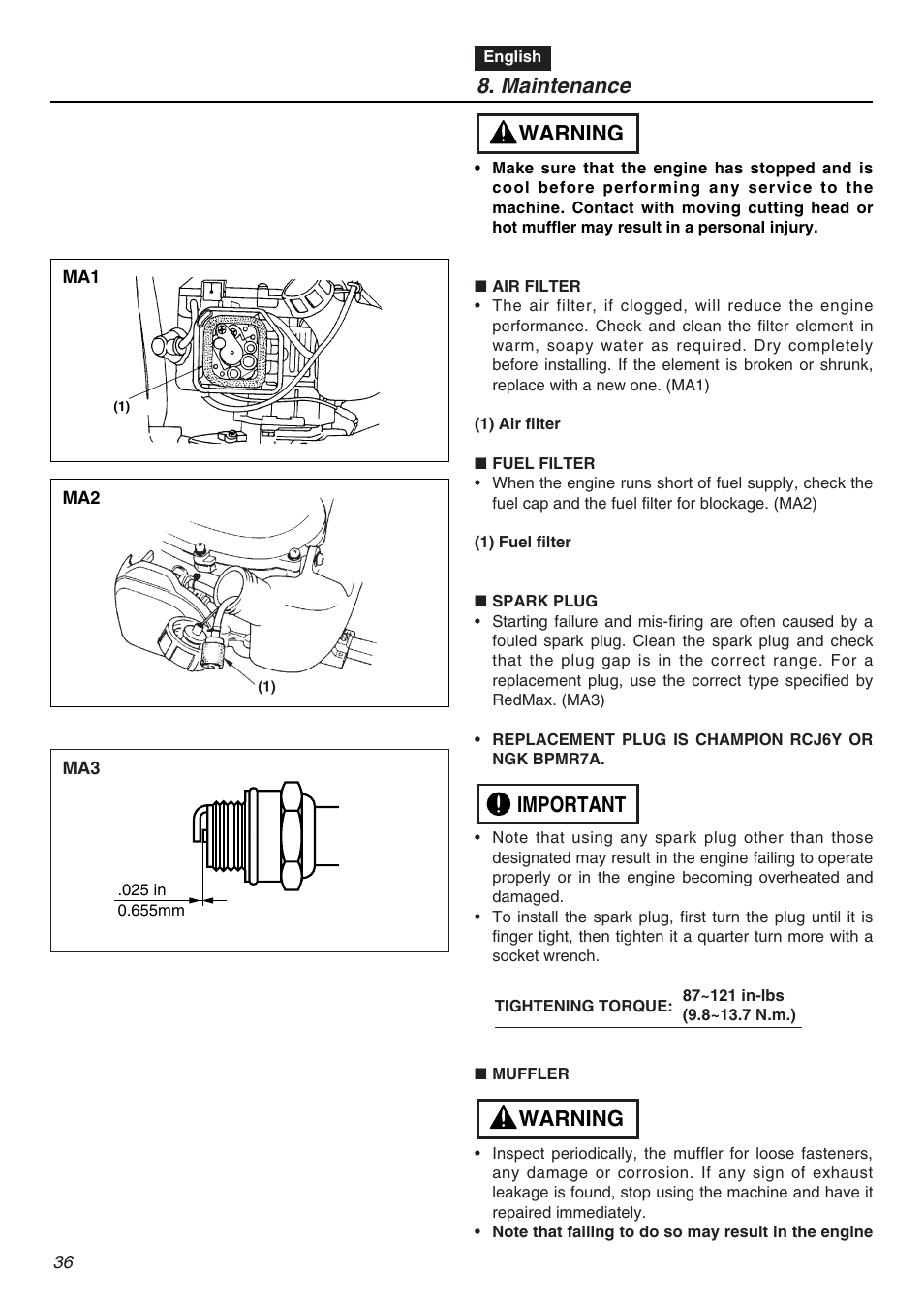 Maintenance, Warning important warning | Zenoah HT2200 User Manual | Page 36 / 56