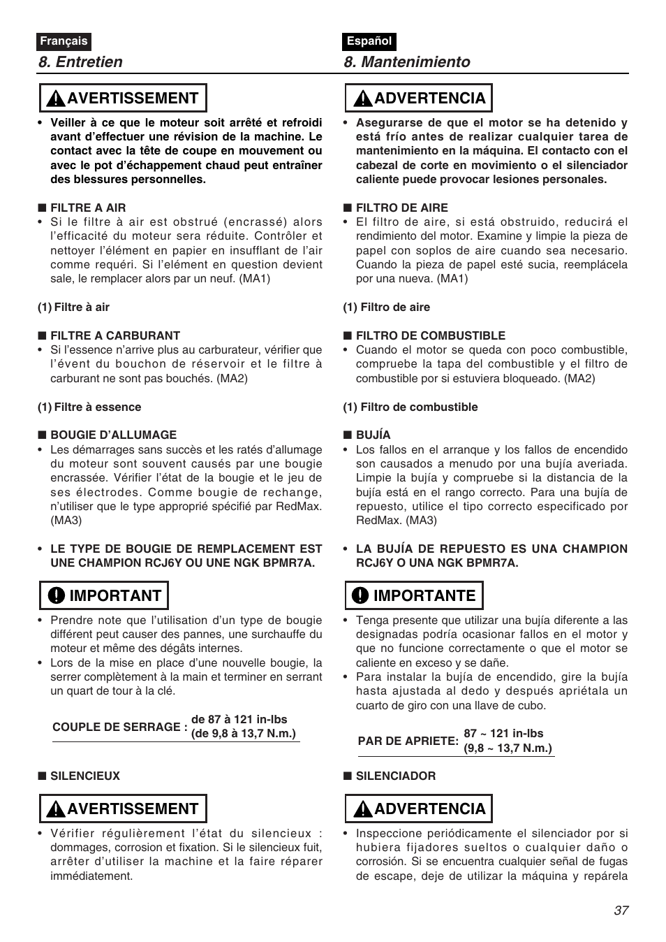 Entretien 8. mantenimiento, Avertissement important avertissement, Advertencia importante advertencia | Zenoah HT2200 User Manual | Page 37 / 56