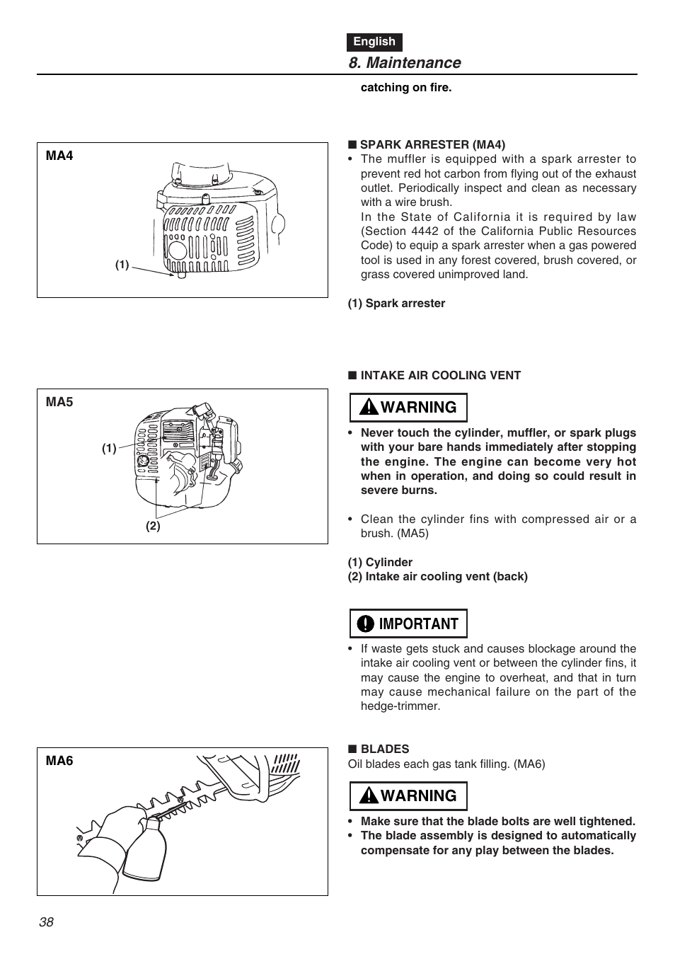 Maintenance, Warning important warning | Zenoah HT2200 User Manual | Page 38 / 56