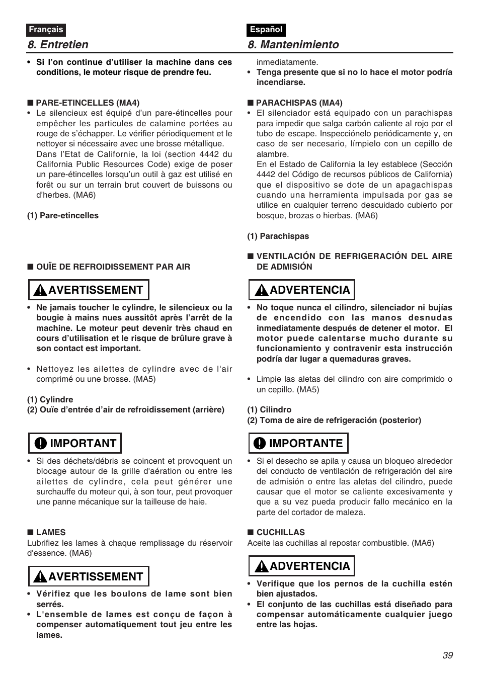 Entretien 8. mantenimiento, Avertissement important avertissement, Advertencia importante advertencia | Zenoah HT2200 User Manual | Page 39 / 56