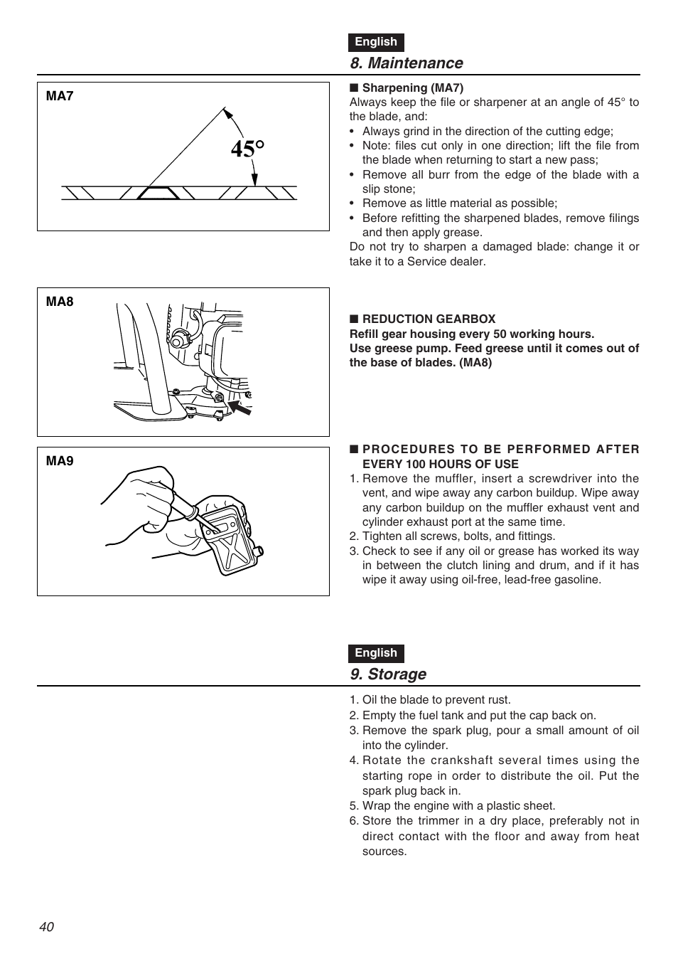 Maintenance, Storage | Zenoah HT2200 User Manual | Page 40 / 56