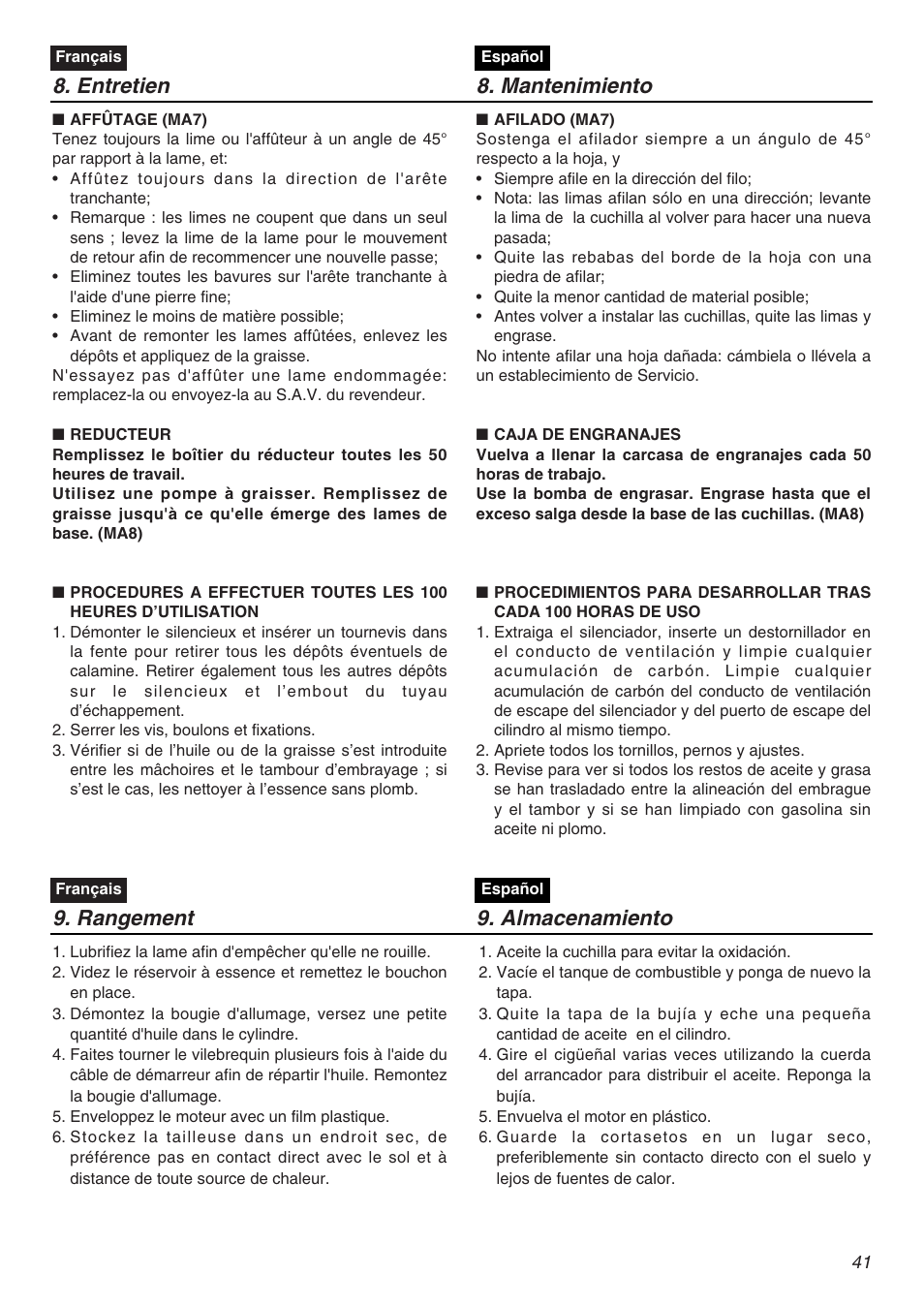 Entretien 8. mantenimiento, Rangement 9. almacenamiento | Zenoah HT2200 User Manual | Page 41 / 56