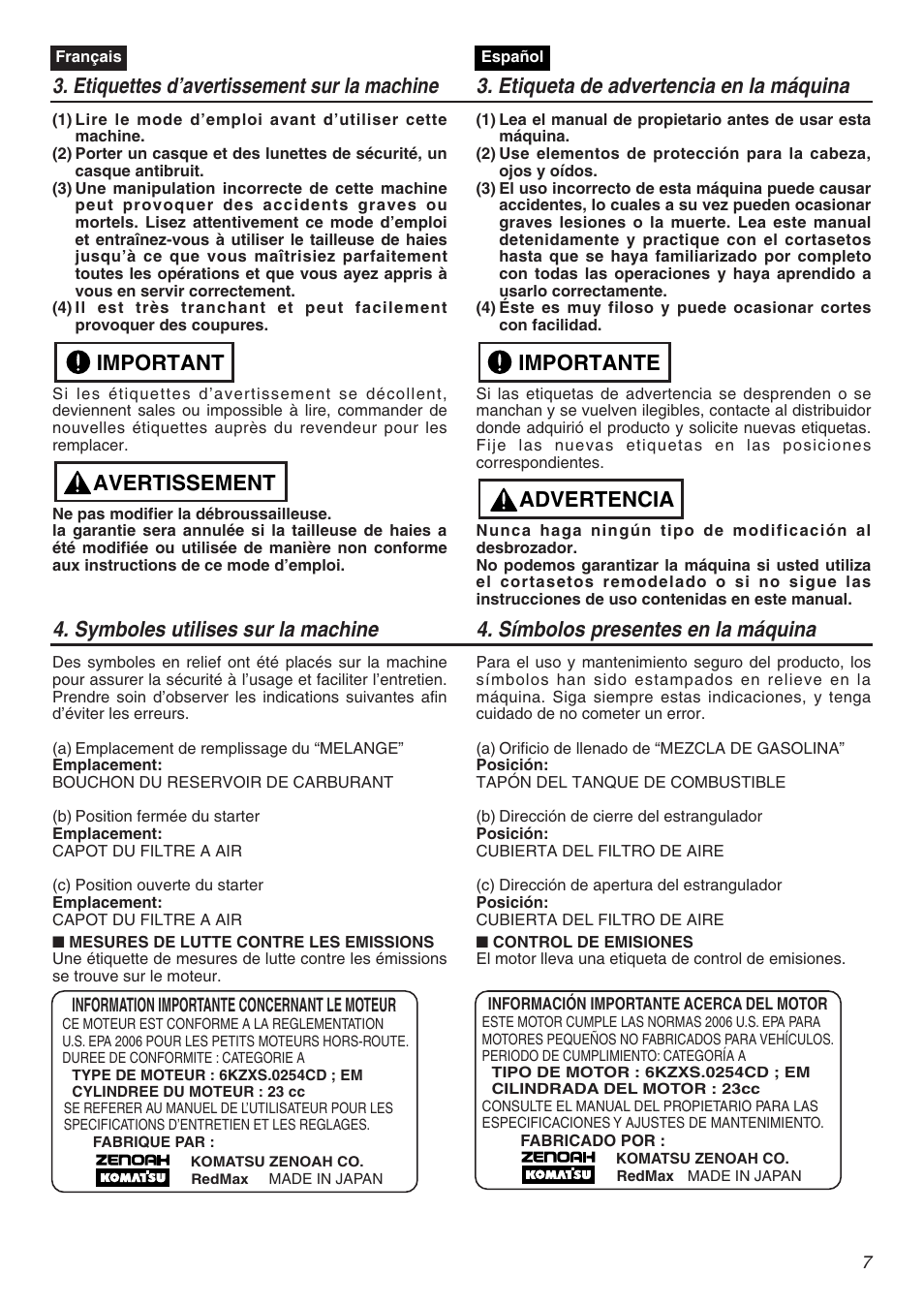 Avertissement important, Advertencia importante | Zenoah HT2200 User Manual | Page 7 / 56