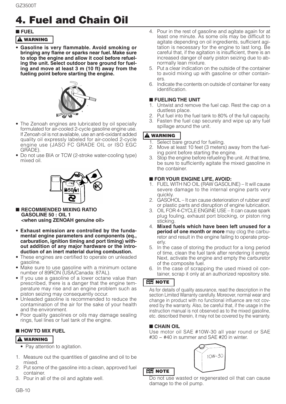 Fuel and chain oil | Zenoah GZ3500T User Manual | Page 10 / 18