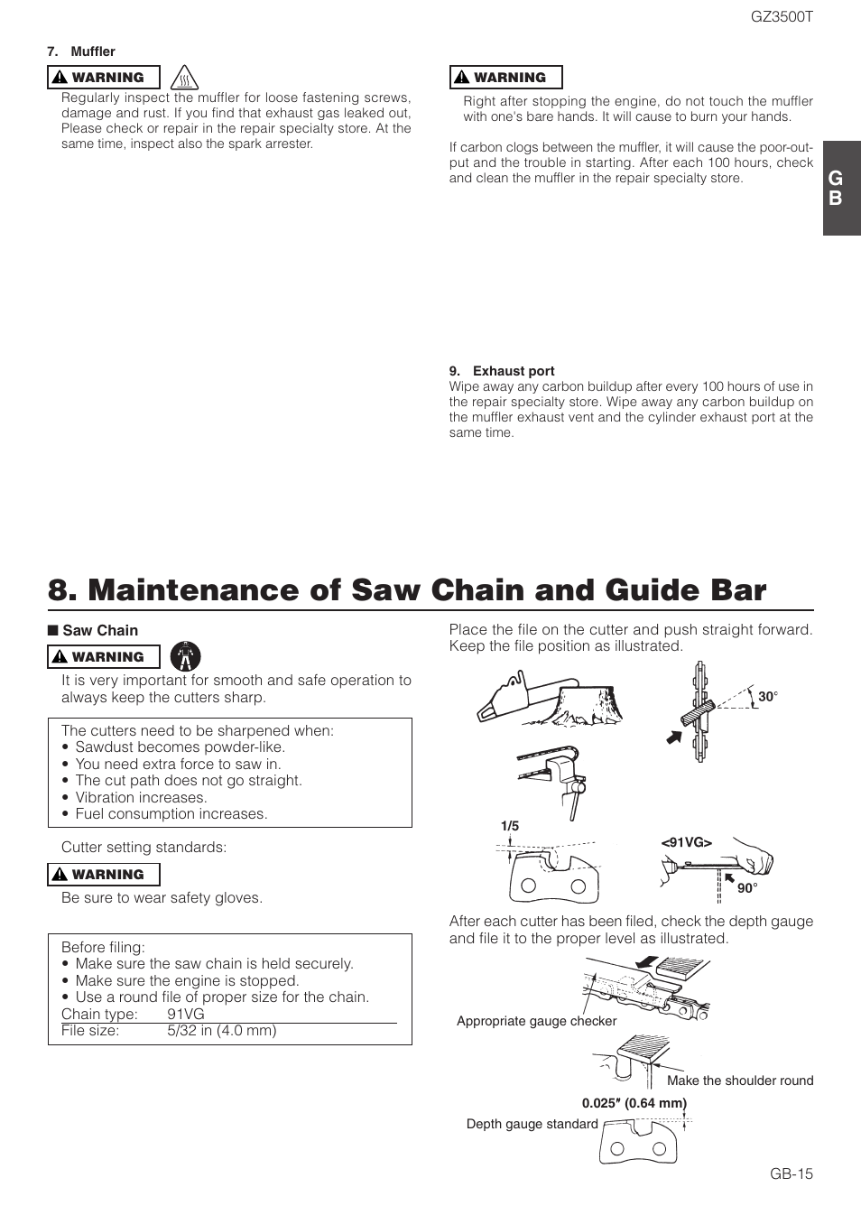 Maintenance of saw chain and guide bar | Zenoah GZ3500T User Manual | Page 15 / 18