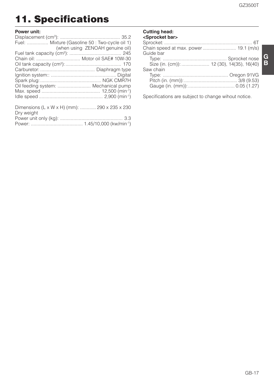 Specifications | Zenoah GZ3500T User Manual | Page 17 / 18