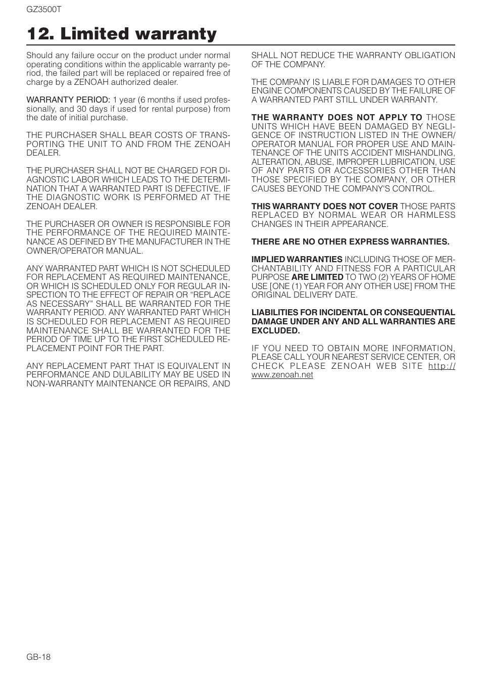 Limited warranty | Zenoah GZ3500T User Manual | Page 18 / 18