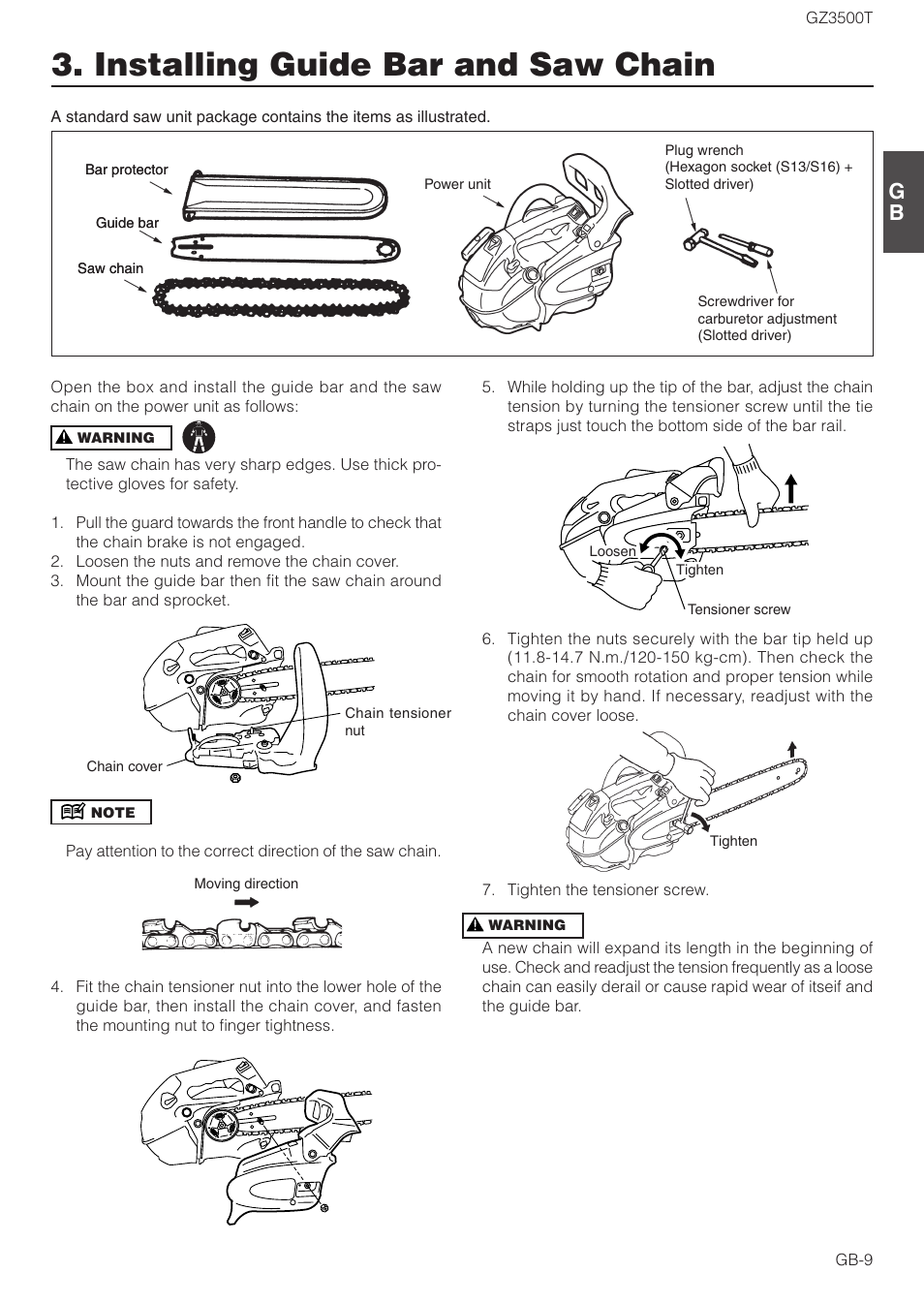 Installing guide bar and saw chain | Zenoah GZ3500T User Manual | Page 9 / 18