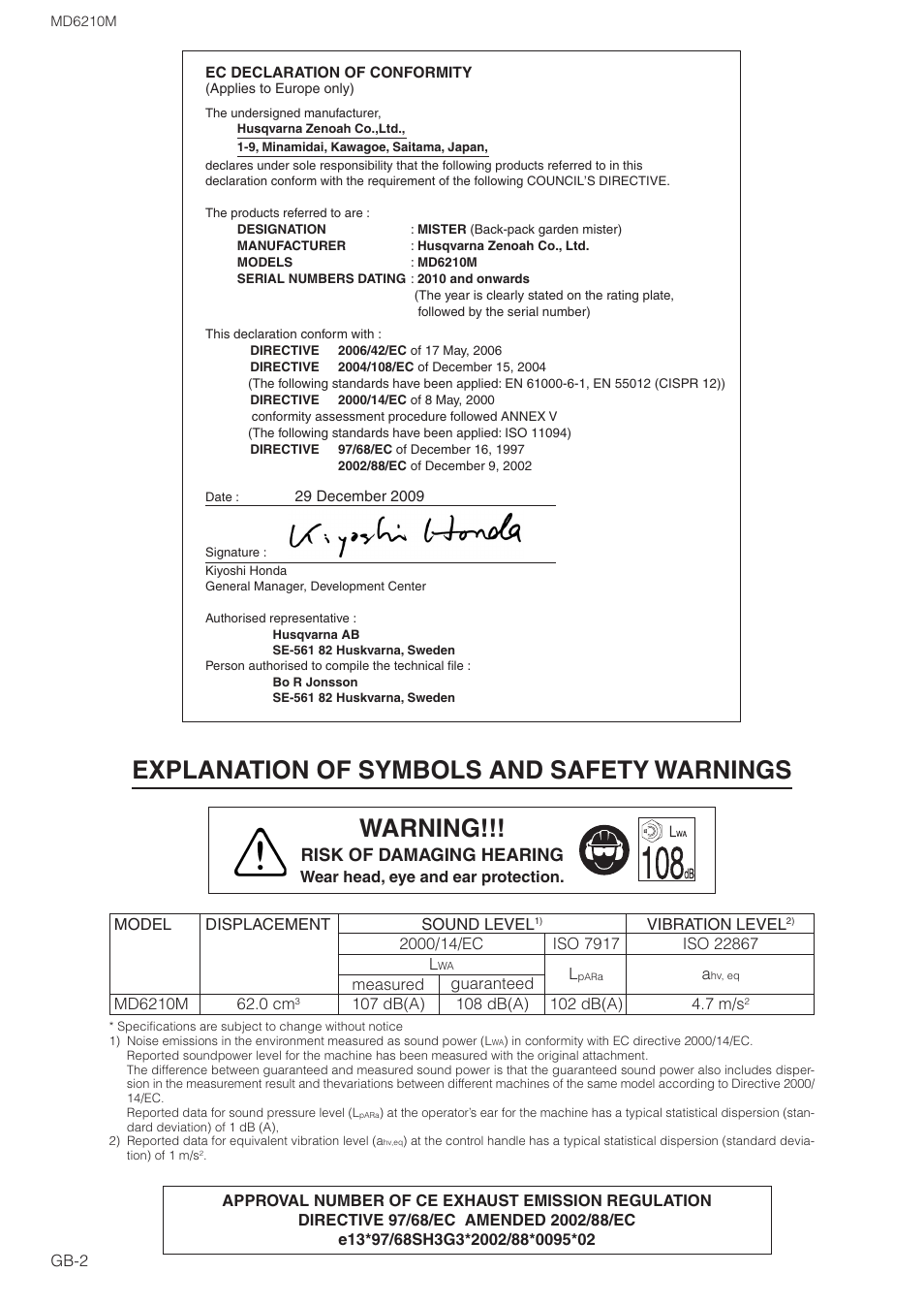 Explanation of symbols and safety warnings warning, Risk of damaging hearing | Zenoah MISTER MD6210M User Manual | Page 2 / 18