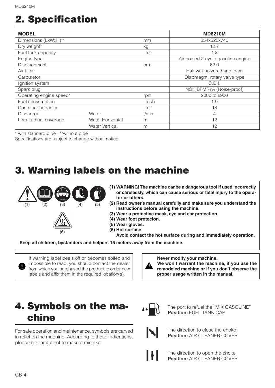 Specification, Warning labels on the machine, Symbols on the ma- chine | Zenoah MISTER MD6210M User Manual | Page 4 / 18