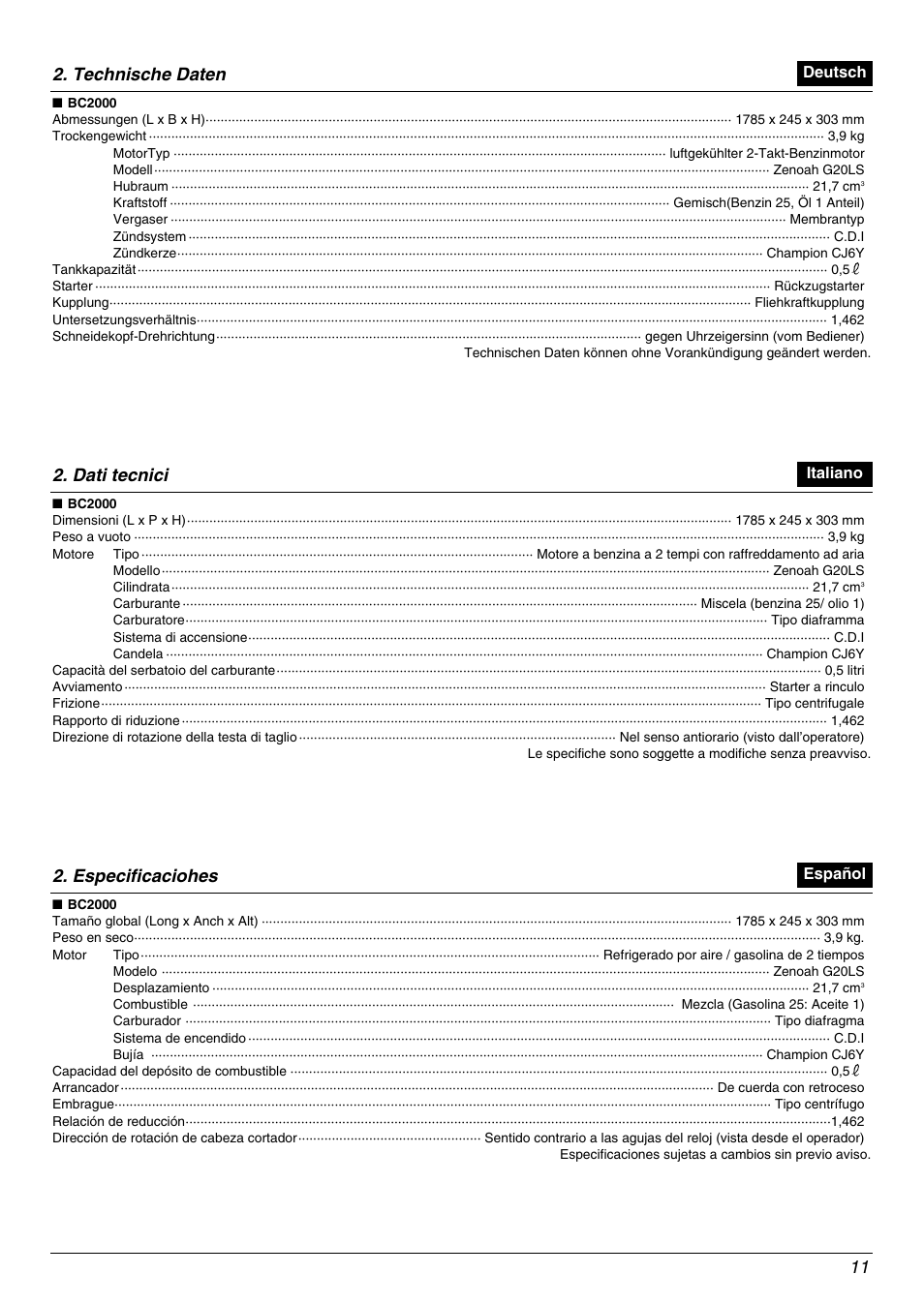 11 2. technische daten, Dati tecnici, Especificaciohes | Zenoah BC2000 User Manual | Page 11 / 52