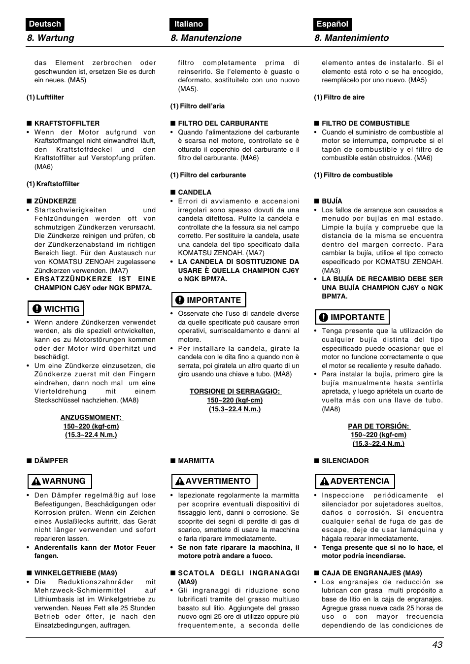 Wartung 8. manutenzione 8. mantenimiento 43 | Zenoah BC2000 User Manual | Page 43 / 52