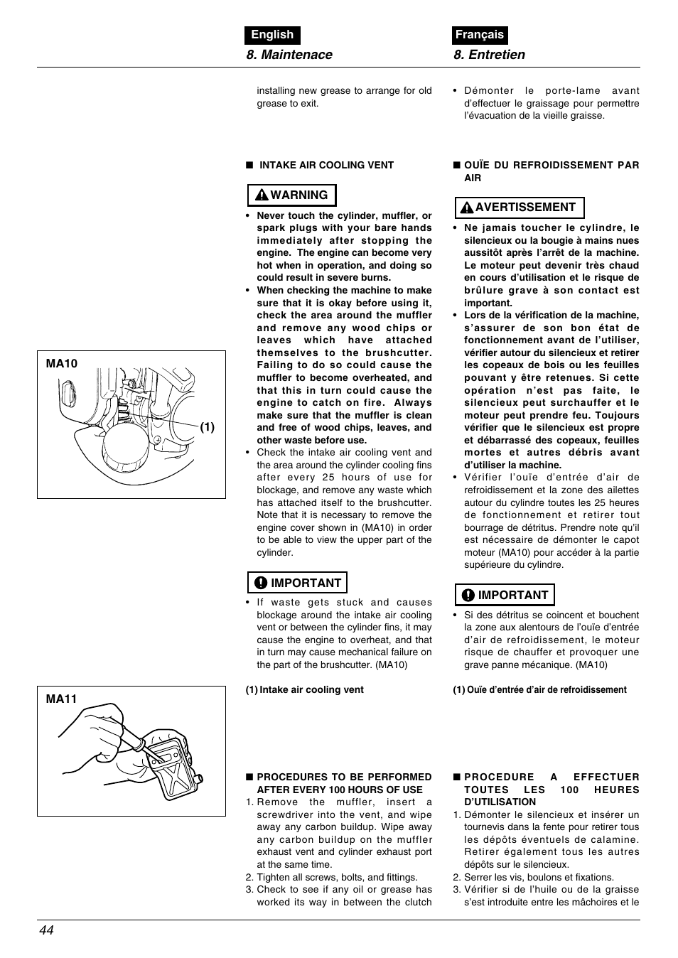 Maintenace 8. entretien 44 | Zenoah BC2000 User Manual | Page 44 / 52