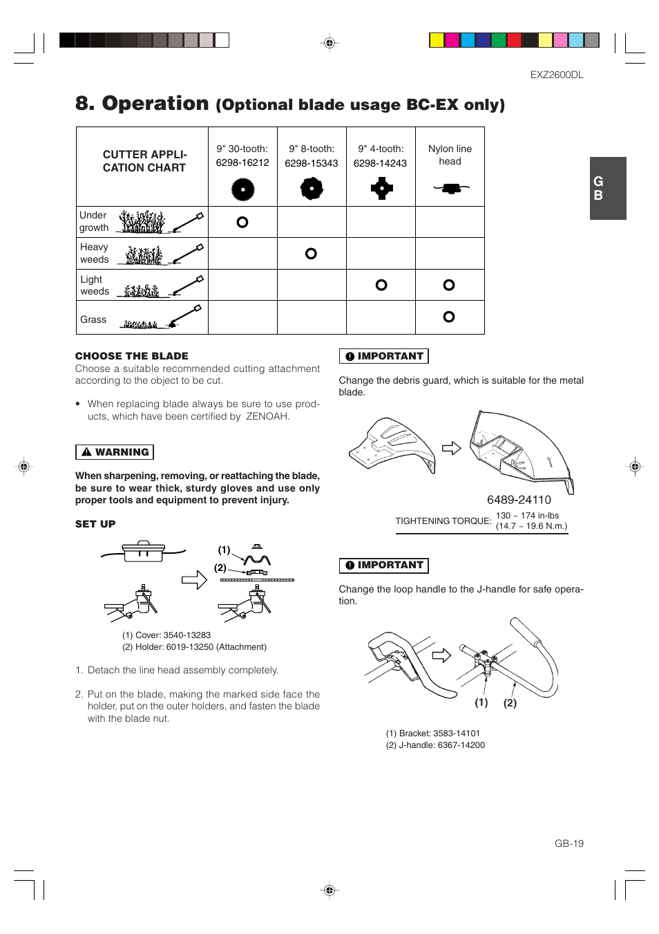 Operation, Optional blade usage bc-ex only) | Zenoah EXZ2600DL User Manual | Page 19 / 32