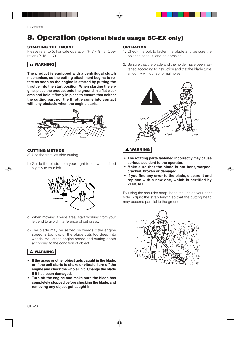 Operation, Optional blade usage bc-ex only) | Zenoah EXZ2600DL User Manual | Page 20 / 32