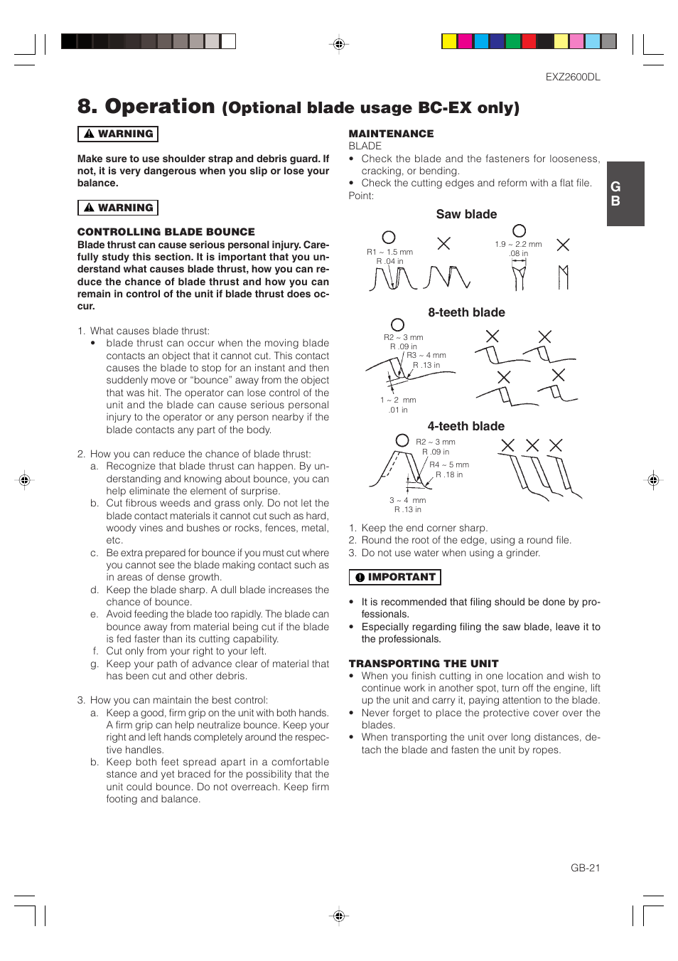 Operation, Optional blade usage bc-ex only) | Zenoah EXZ2600DL User Manual | Page 21 / 32