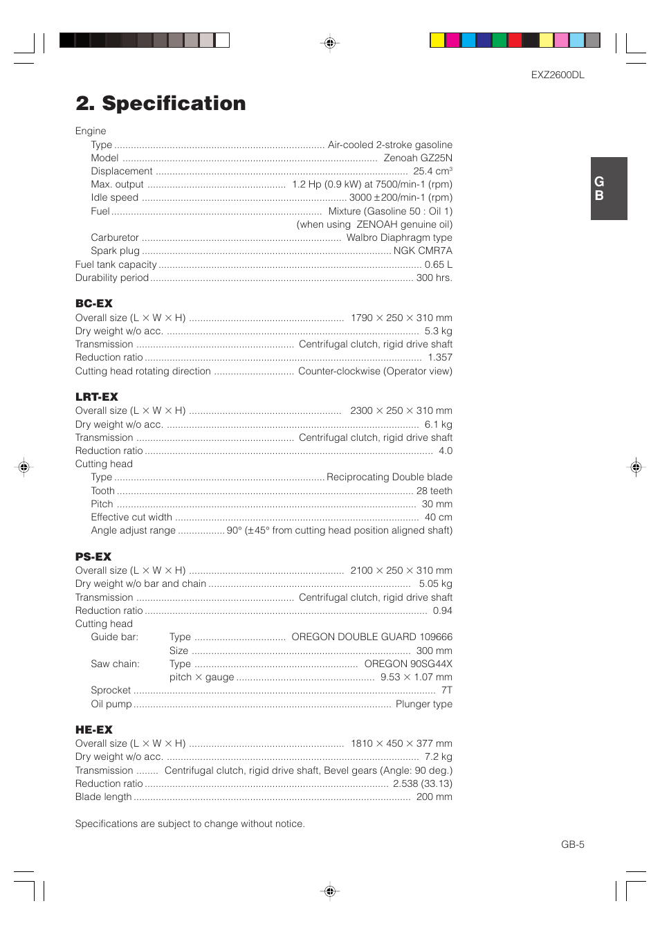 Specification | Zenoah EXZ2600DL User Manual | Page 5 / 32