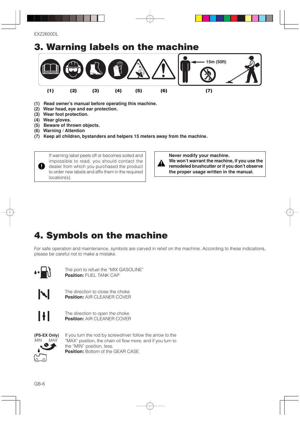 Symbols on the machine, Warning labels on the machine | Zenoah EXZ2600DL User Manual | Page 6 / 32